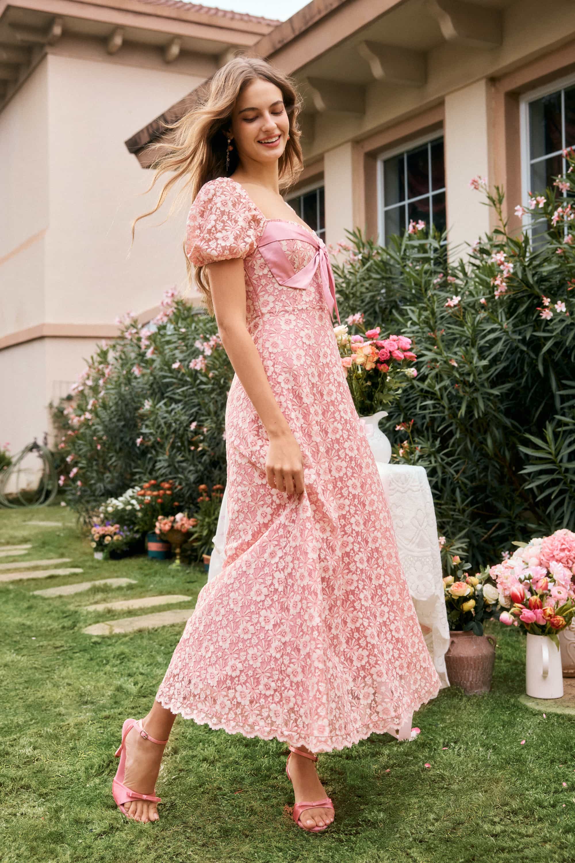 Jayden Cordonnet Lace Maxi Dress in Tea Rose Pink