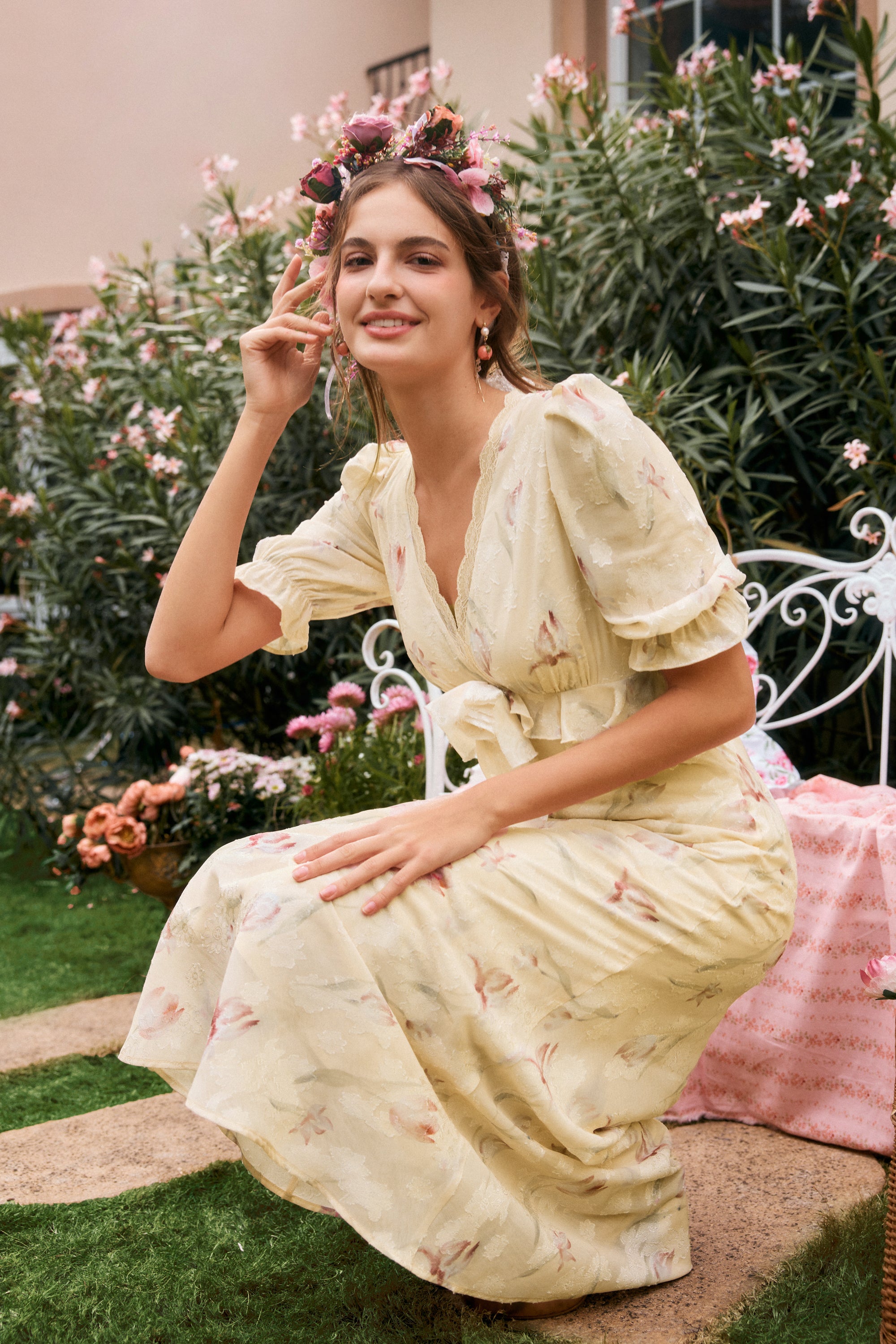 Archie Applique Chiffon Maxi Dress in Champagne Yellow