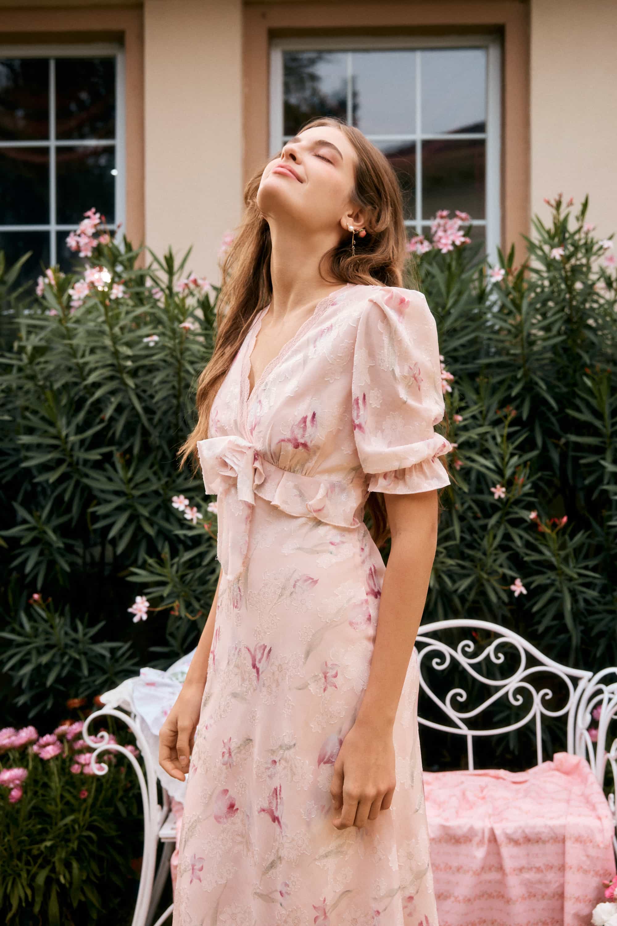 Archie Applique Chiffon Maxi Dress in Shell Pink