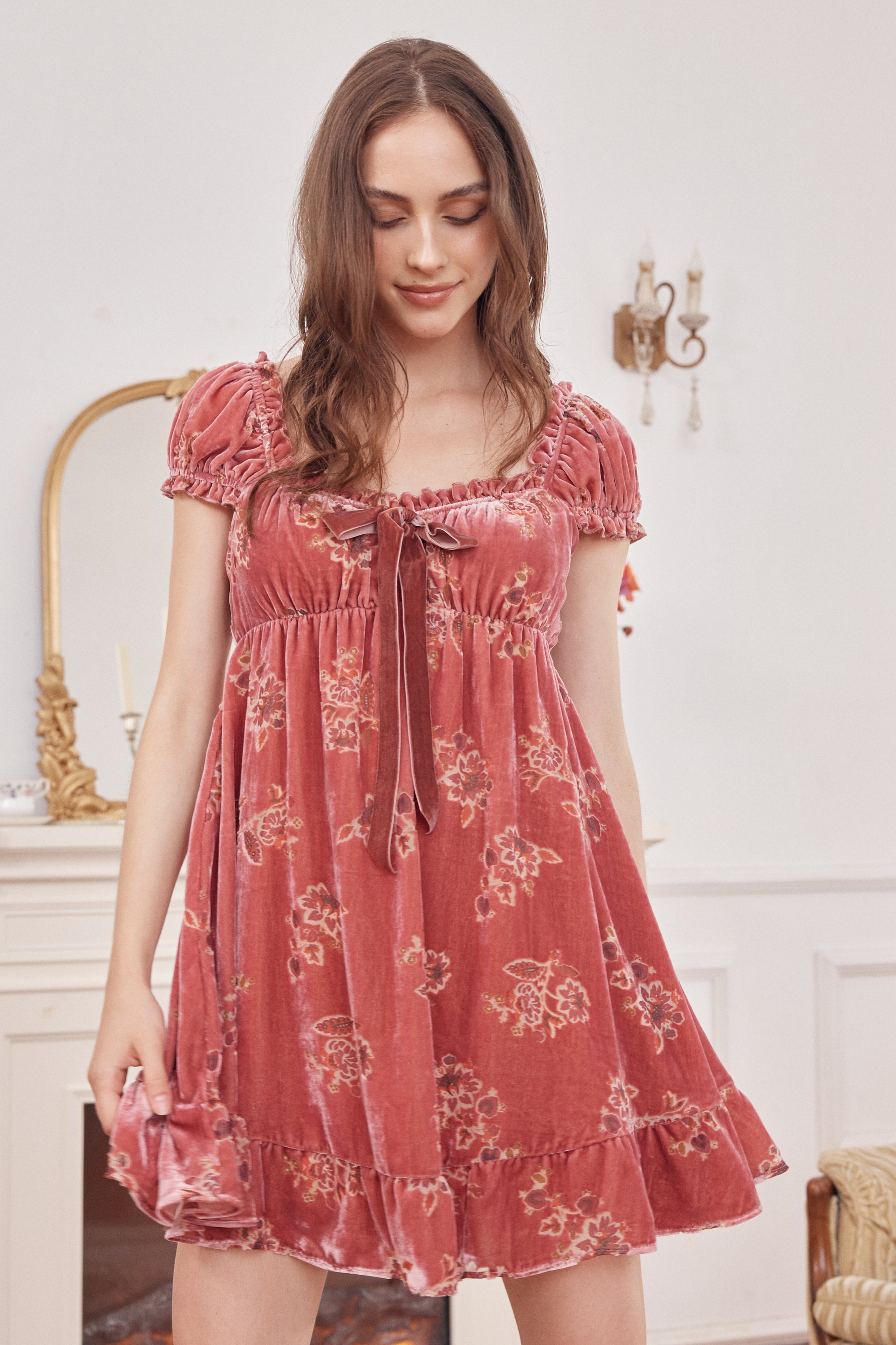 Faye Burnout Velvet Mini Dress in Persimmon Orange