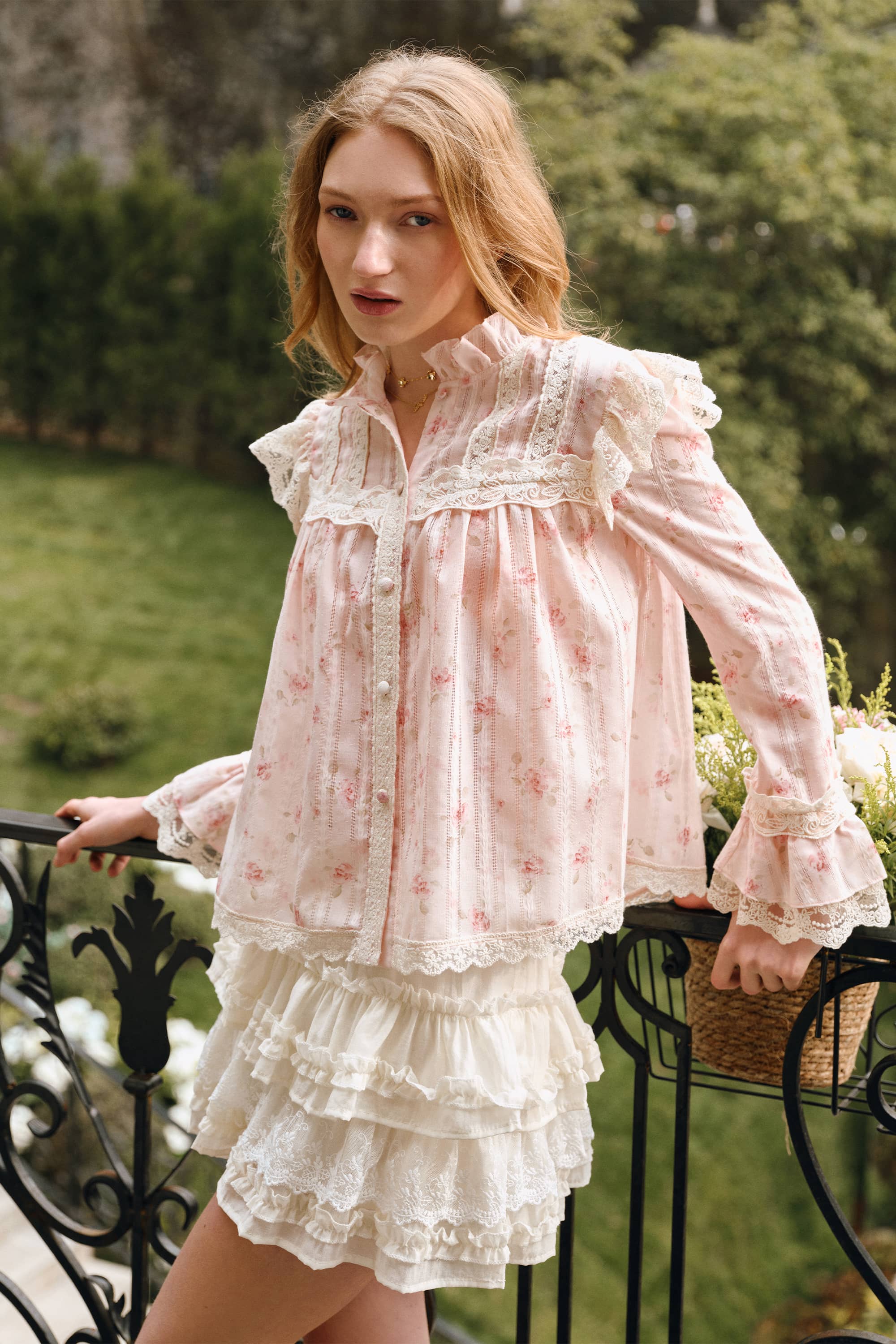 Harper Floral Lace Blouse in Blush Pink