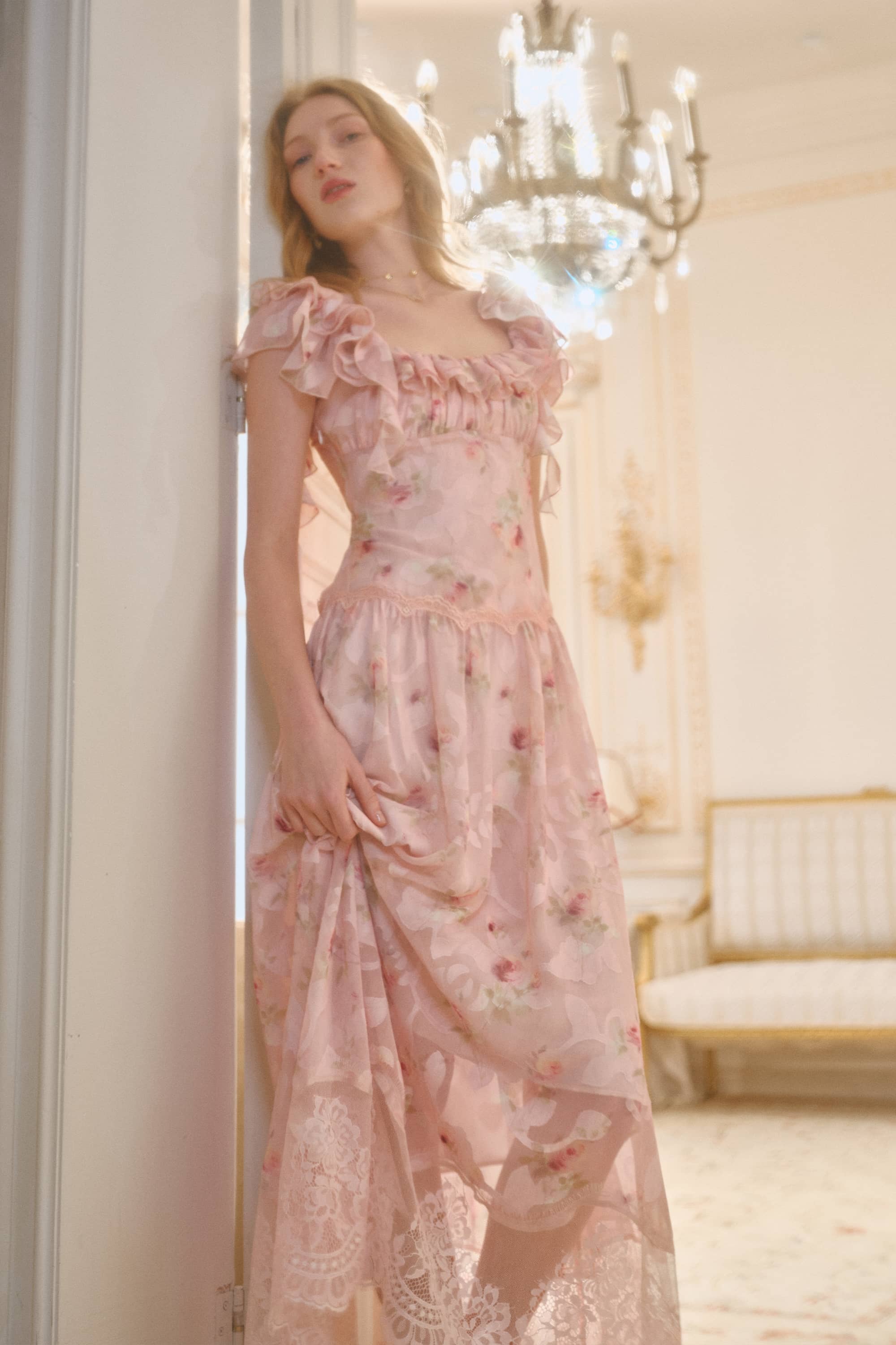 Ria Applique Chiffon Maxi Dress in Tea Rose Pink