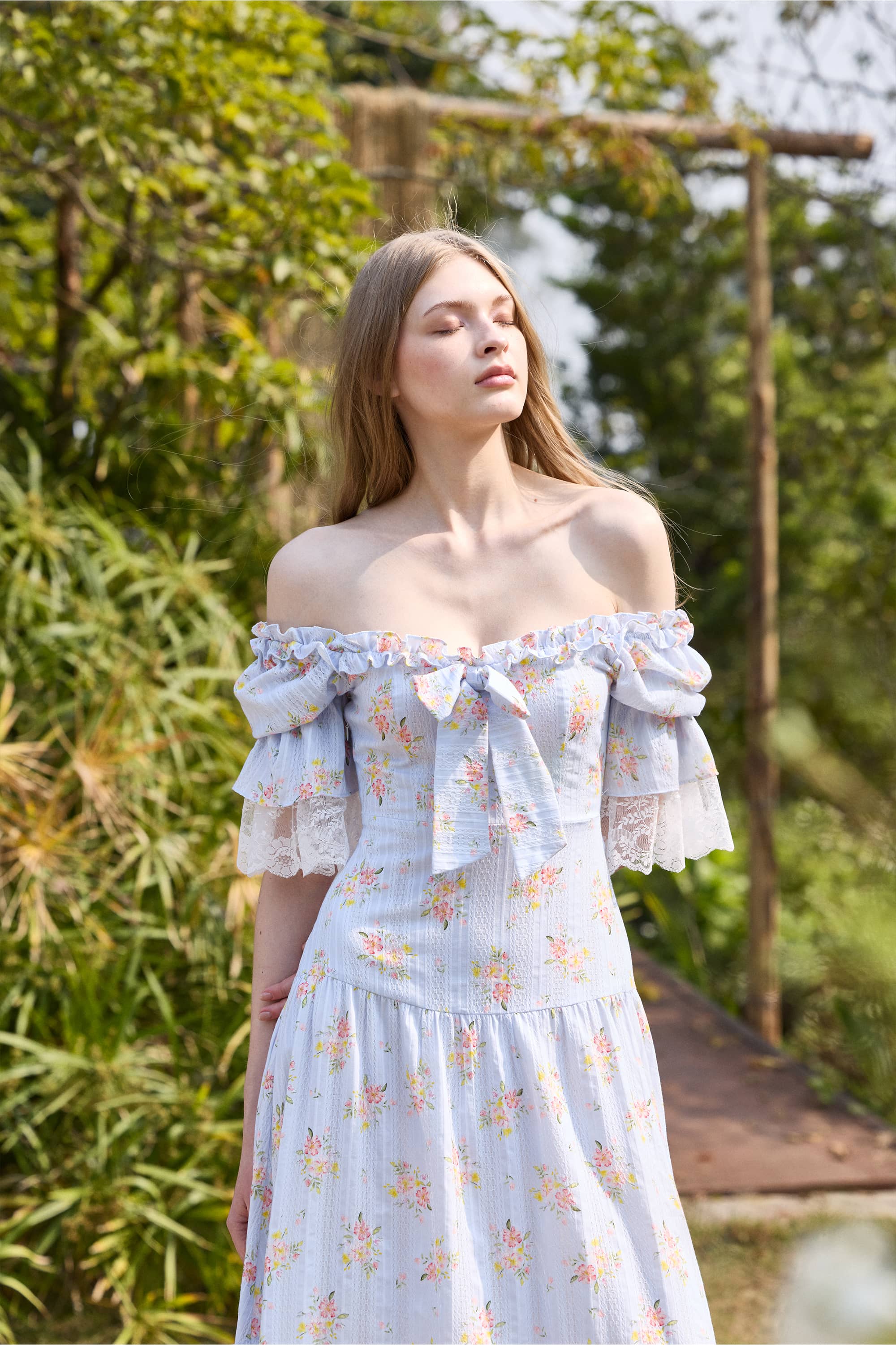 Tatiana Floral Cotton Midi Dress in Soft Horizon Blue