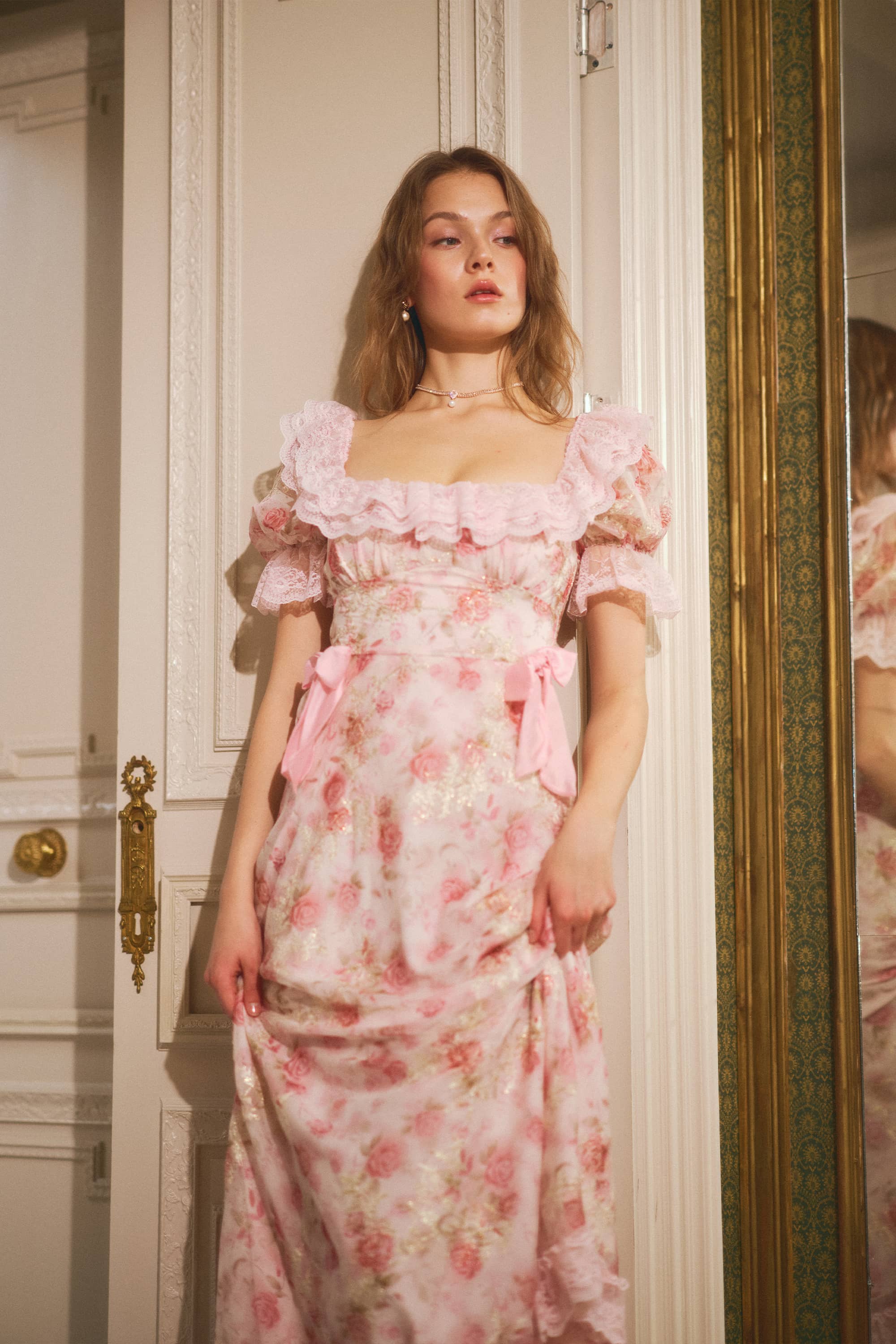 Elsie Embroidered Chiffon Midi Dress in Blush Pink