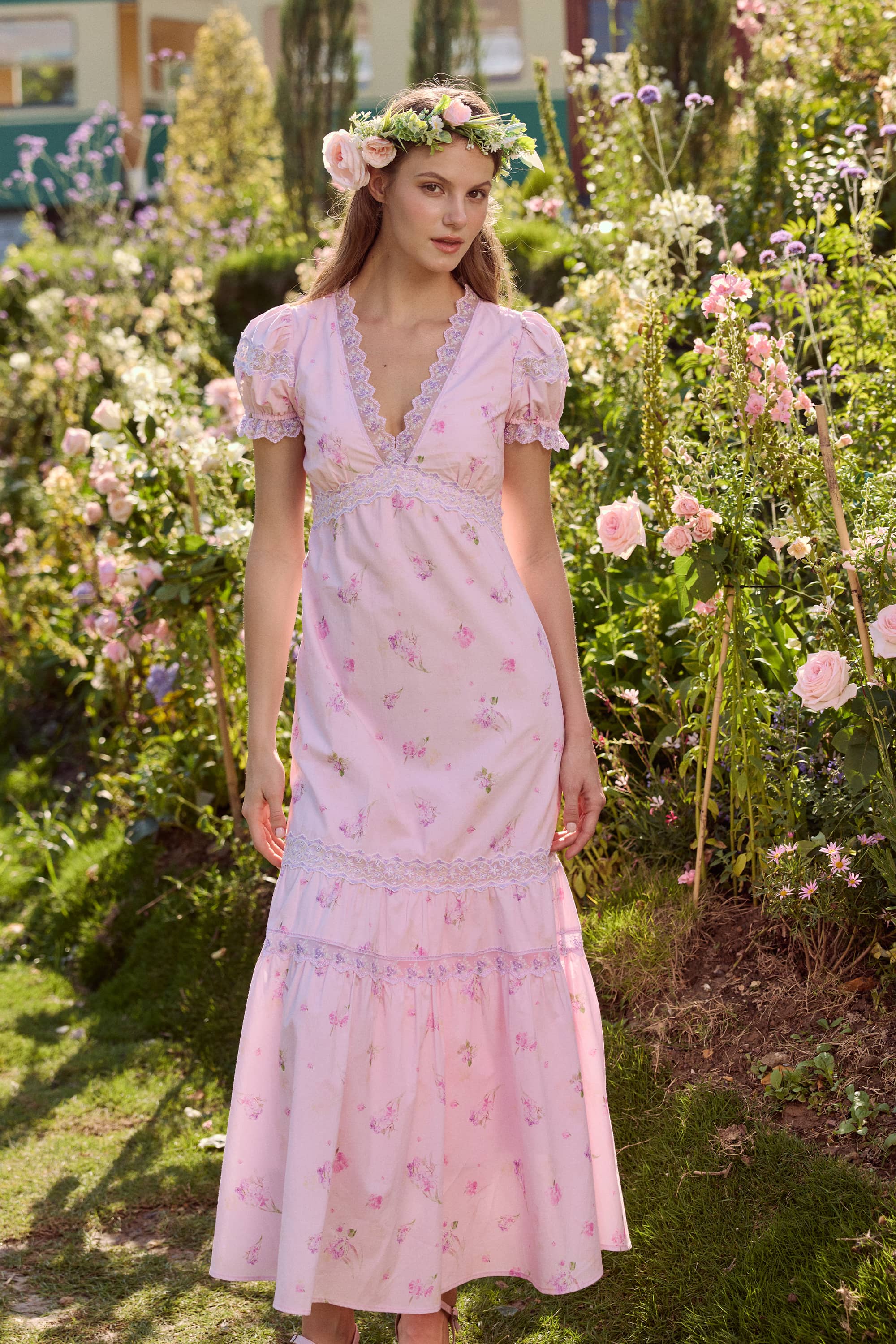 Ophelia V-neck Cotton Embroidery Lace Midi Dress