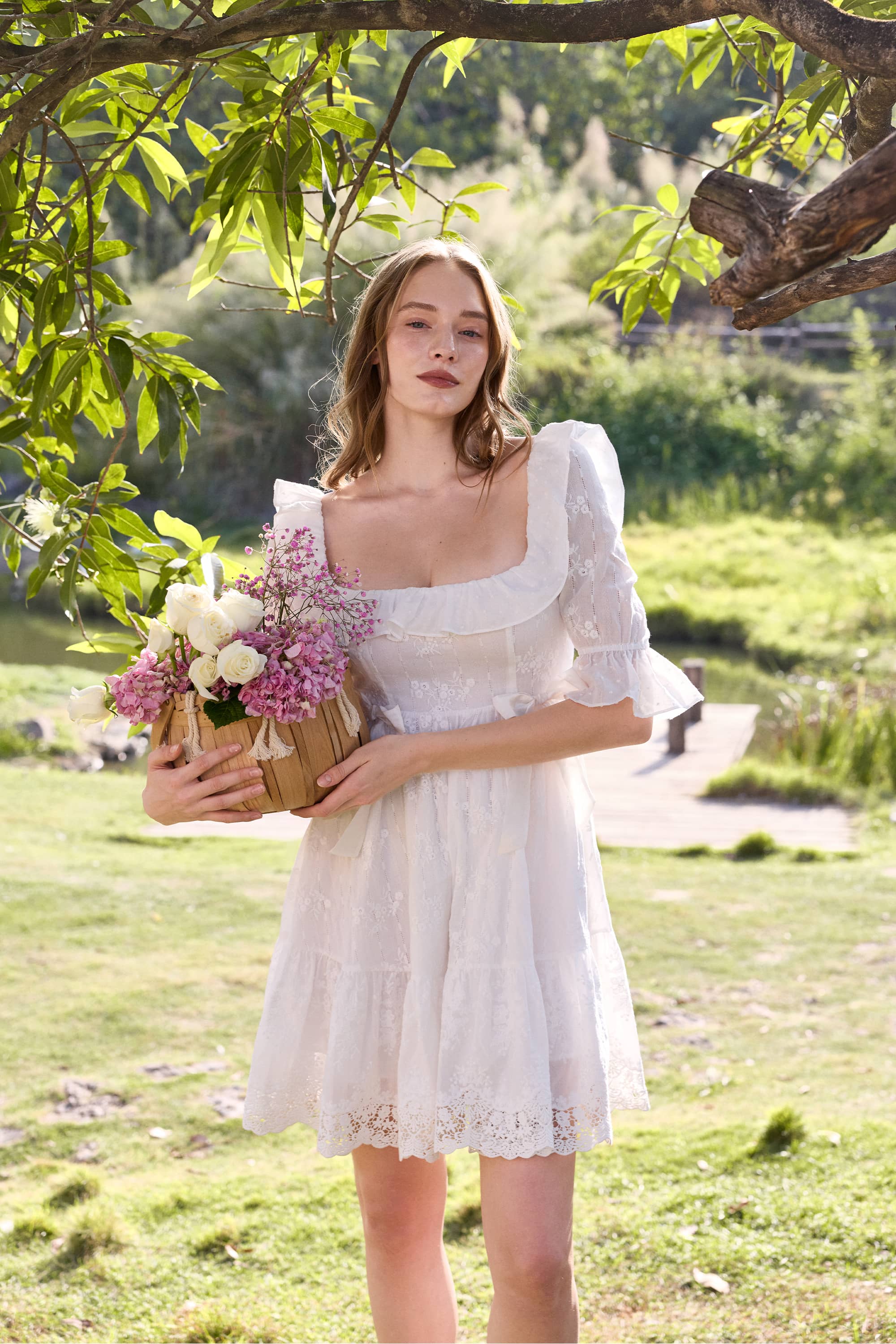 Nora Embroidered Cotton Mini Dress in White