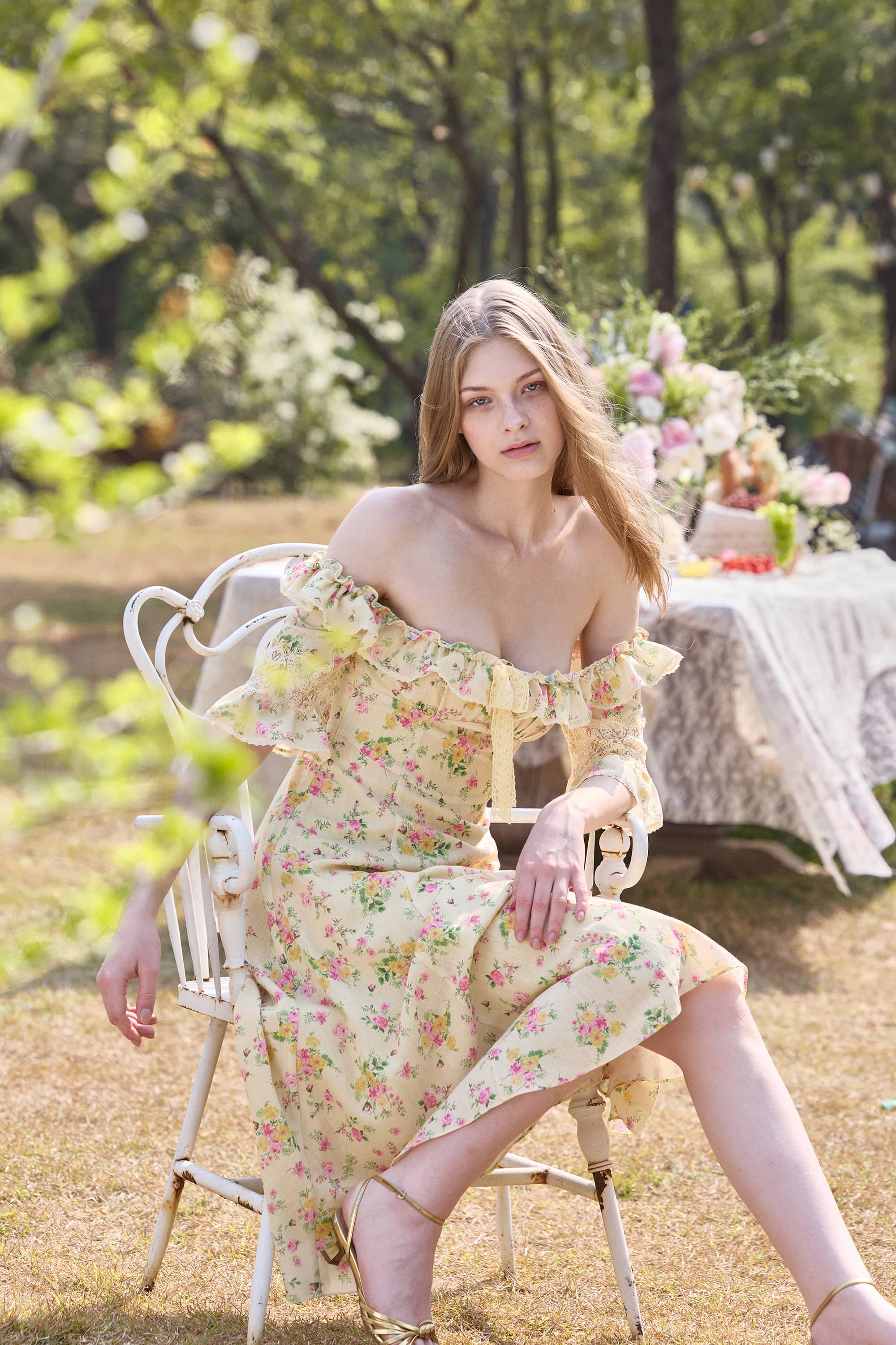 Madeleine Ruffled Floral Midi Dress in Butter Yellow