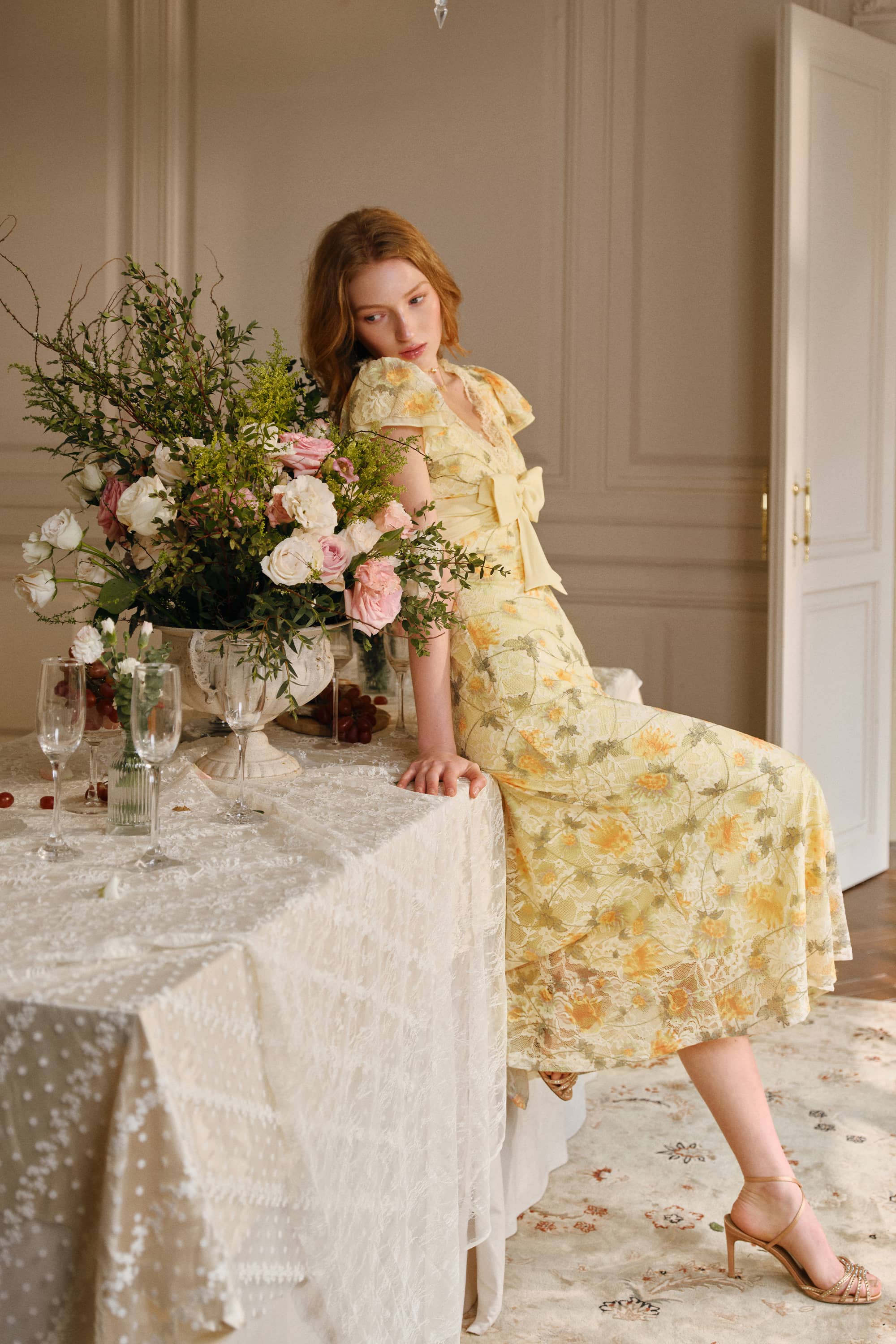 Maribel Stretch Lace Midi Dress in Sunflower Yellow