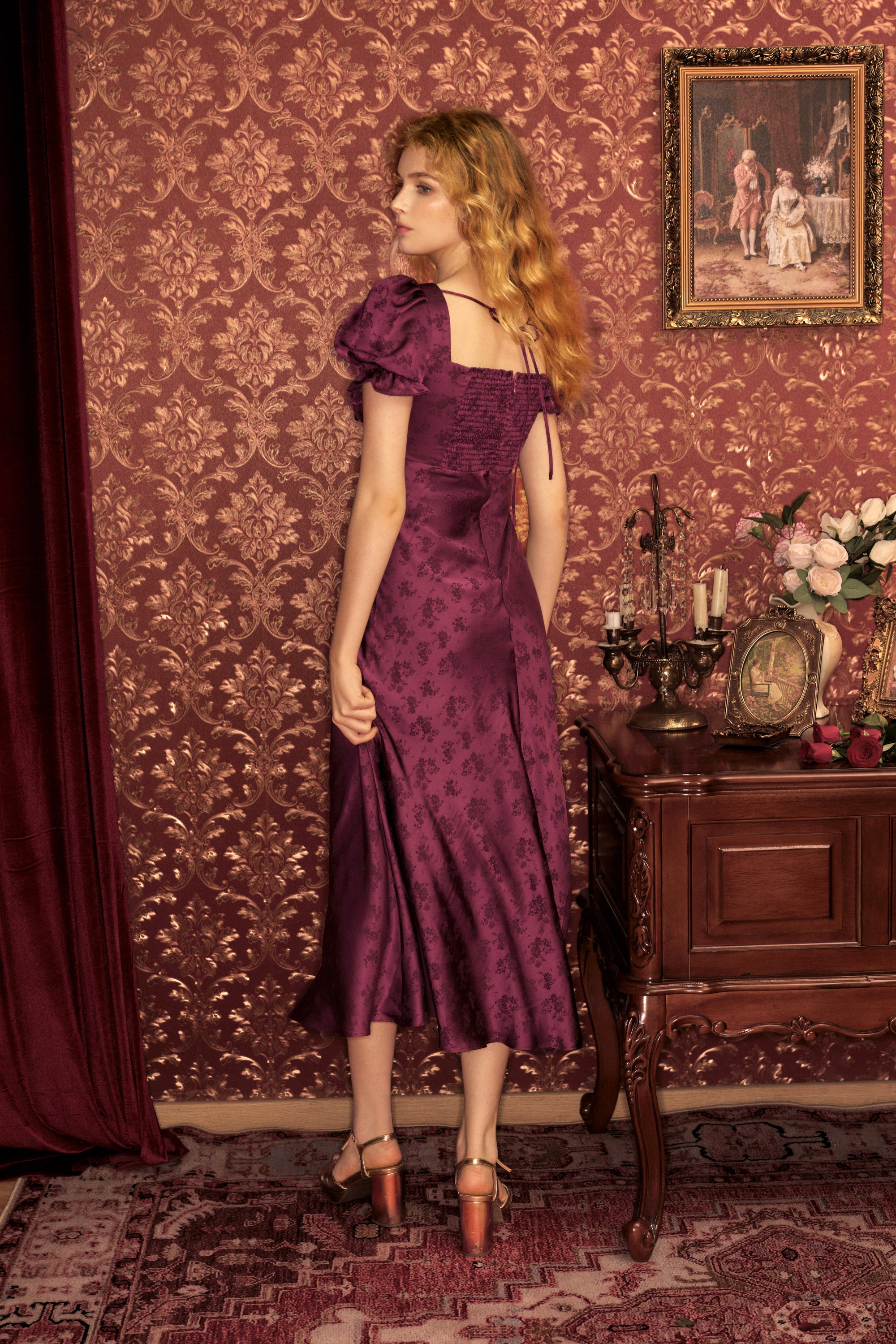 Serita Jacquard Satin Maxi Dress in Mulberry Red
