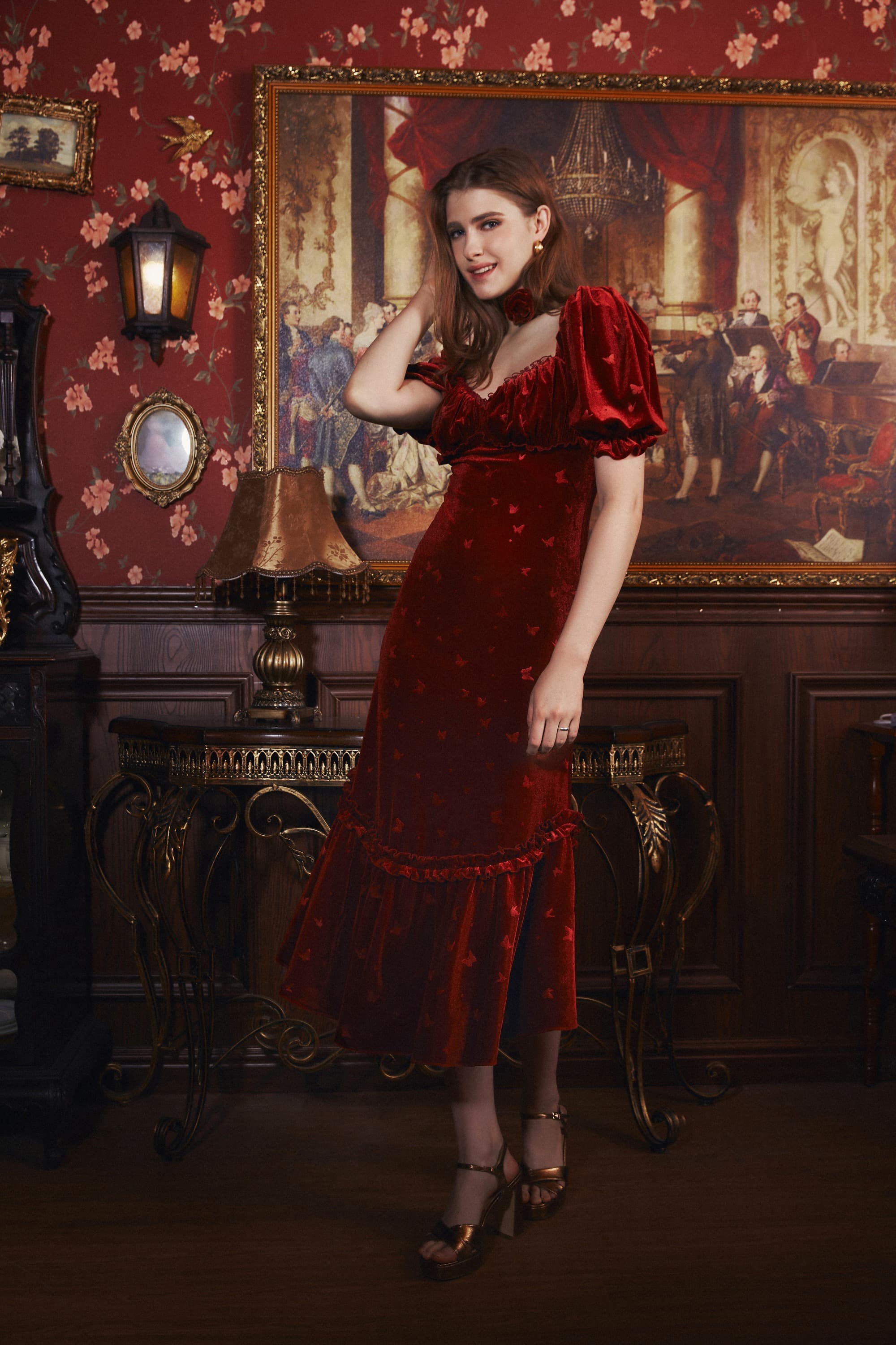 Winnie Embossed Velvet Midi Dress in Ruby Red