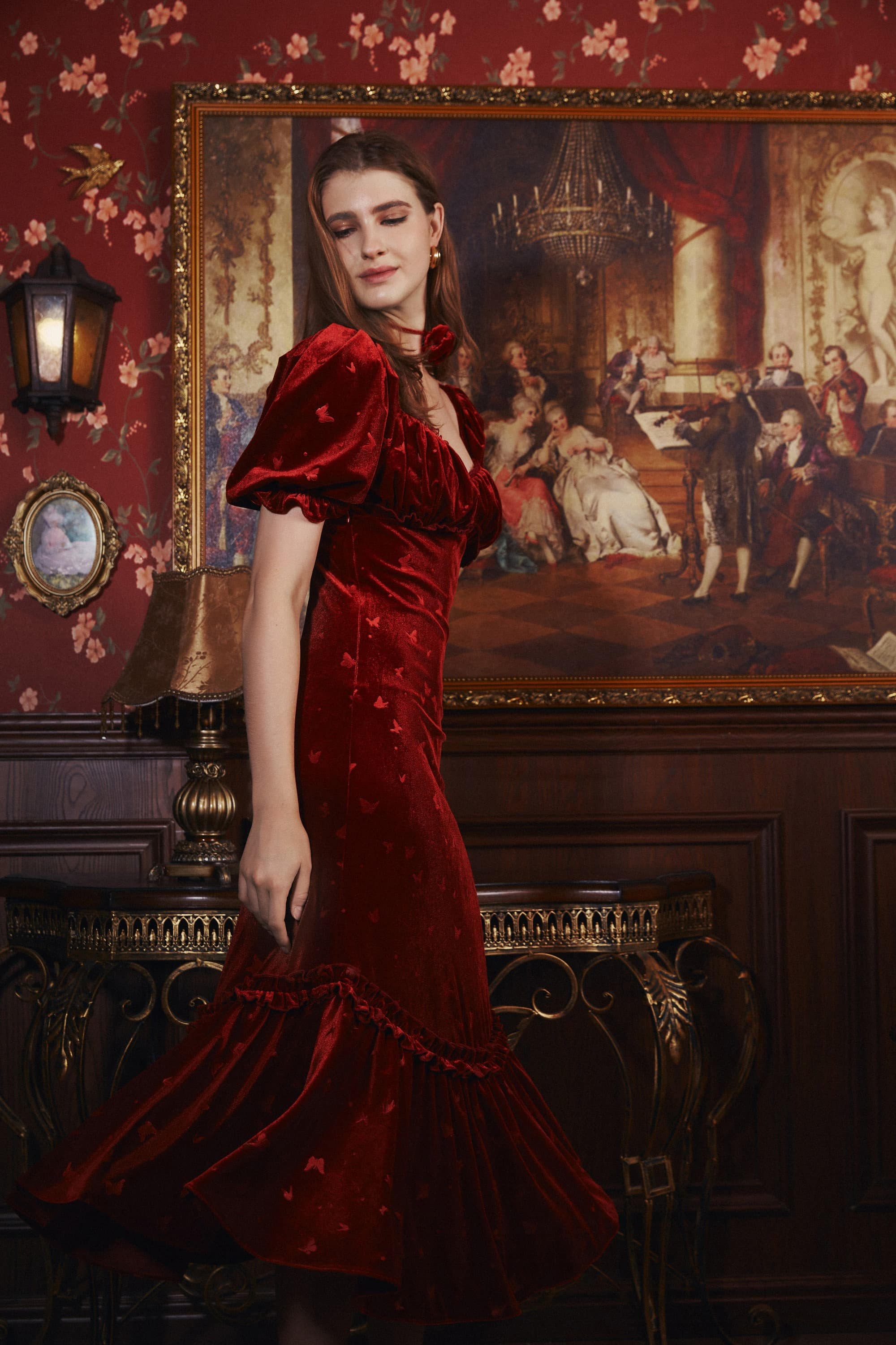 Winnie Embossed Velvet Midi Dress in Ruby Red