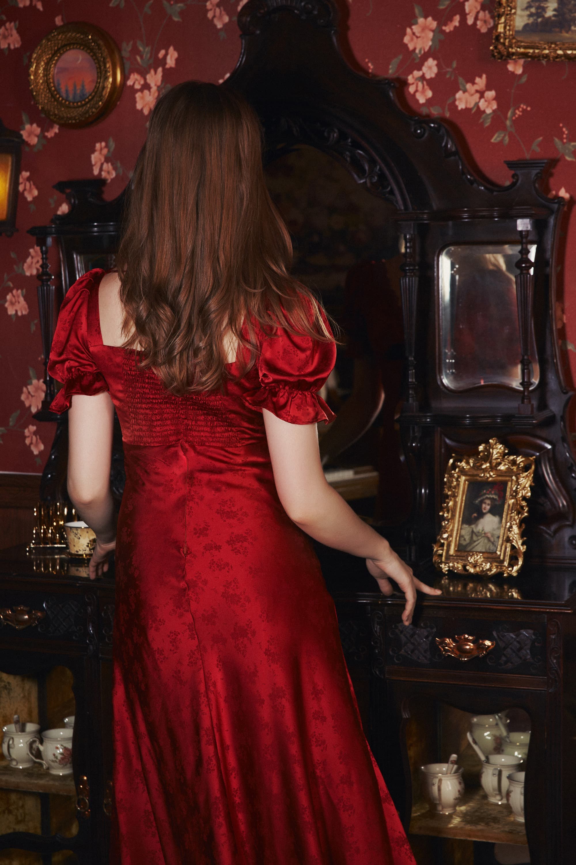 Serita Jacquard Satin Maxi Dress in Ruby Red
