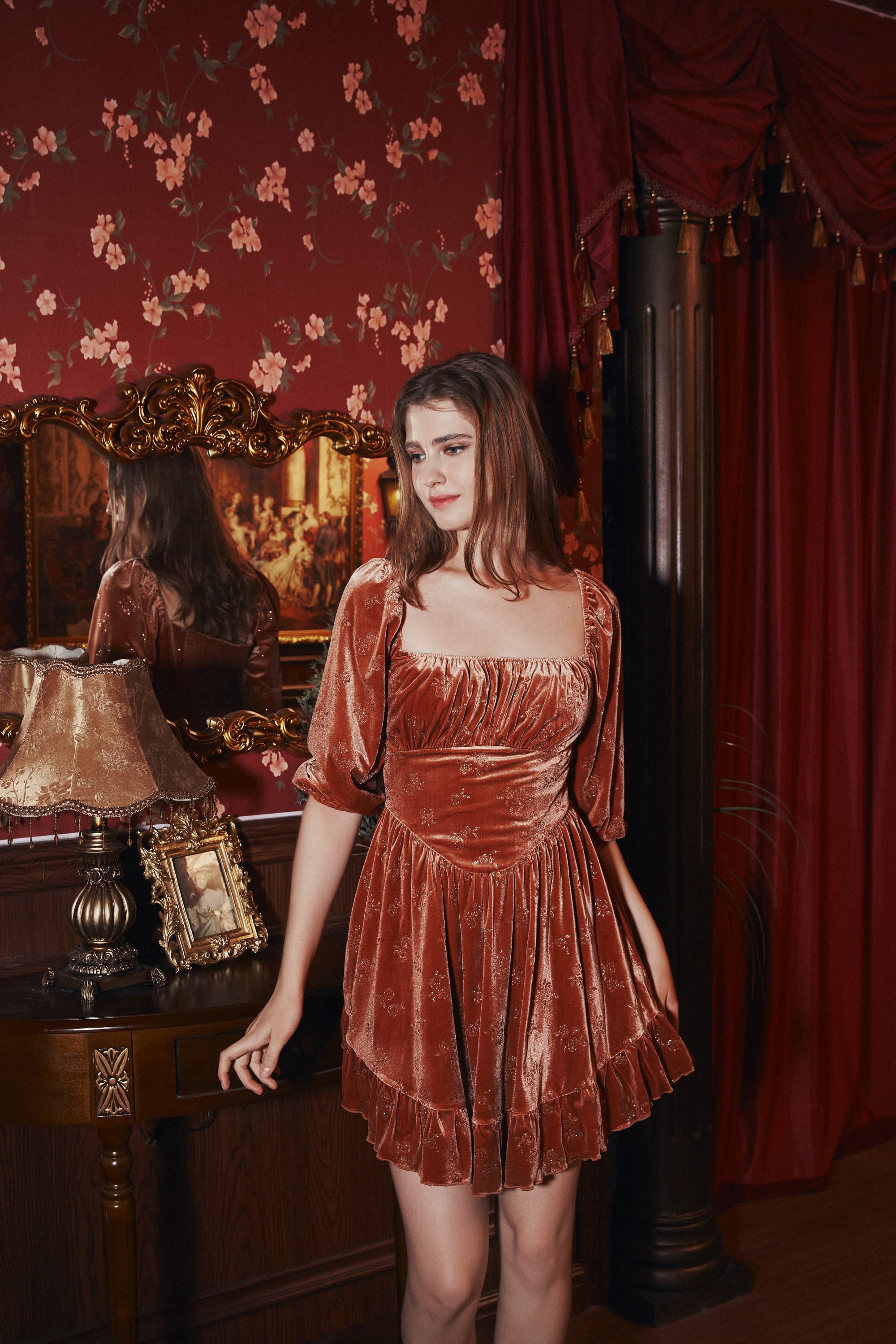 Betty Gilded Velvet Mini Dress in Siena Orange