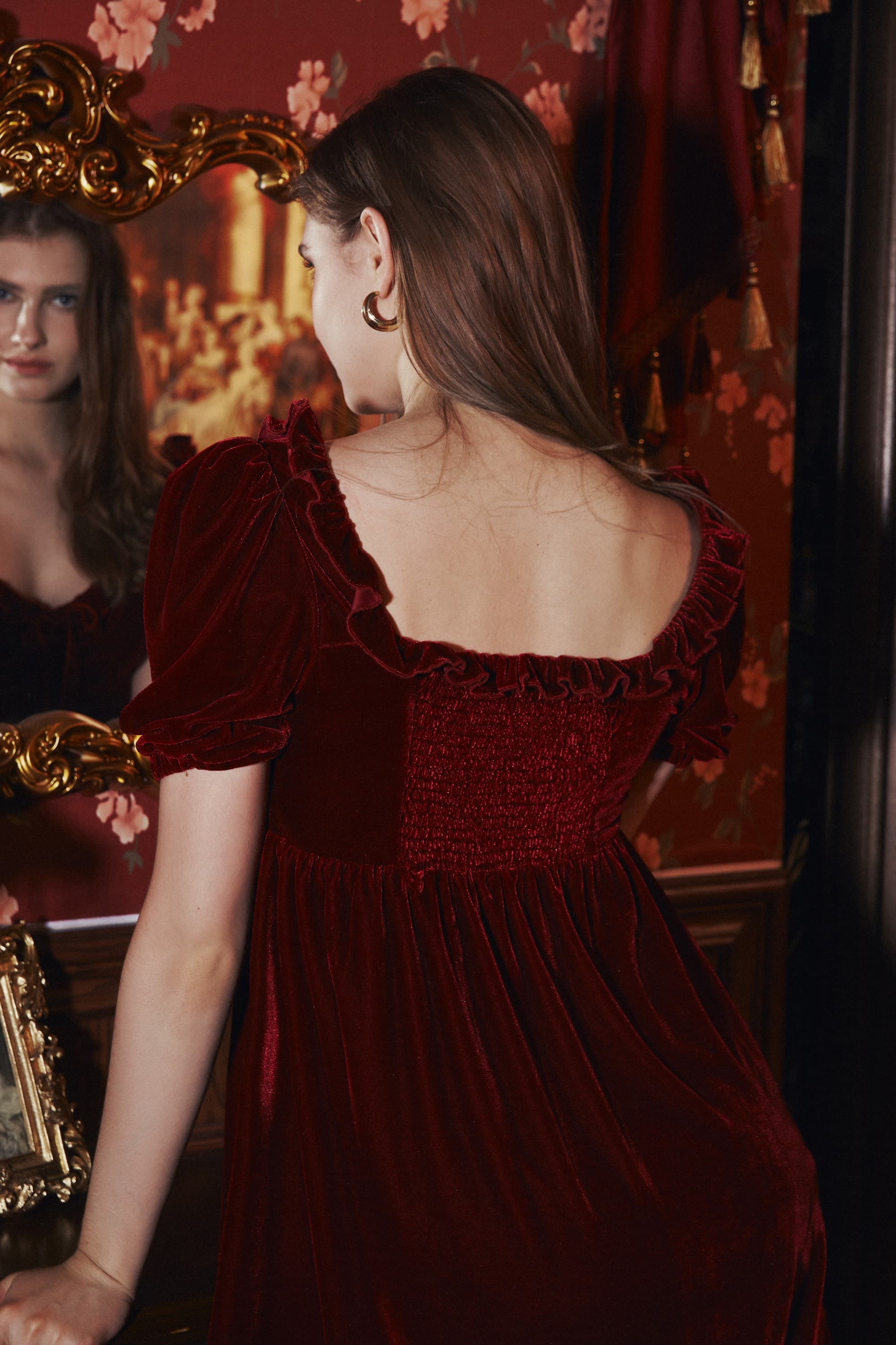 Lorel Silky Velvet Mini Dress in Garnet Red