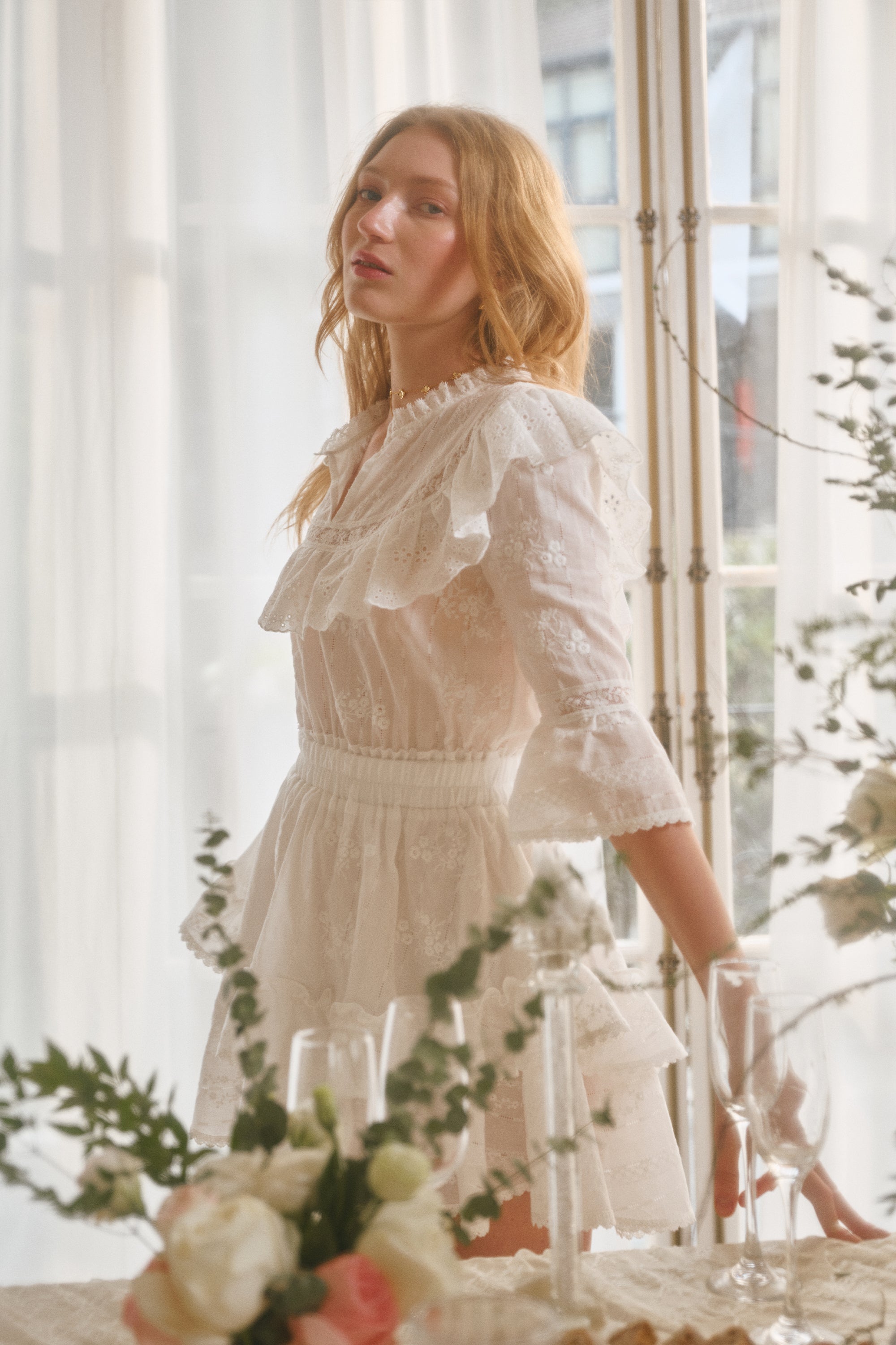 Millie Embroidered Cotton Mini Dress in White