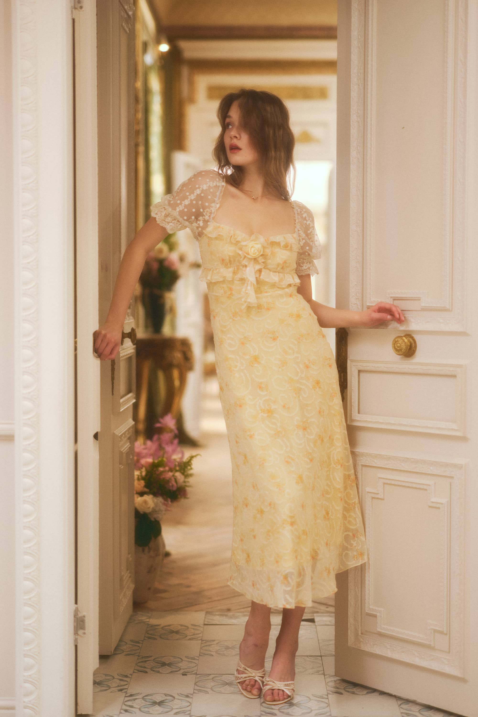 Annika Applique Chiffon Midi Dress in Butter Yellow