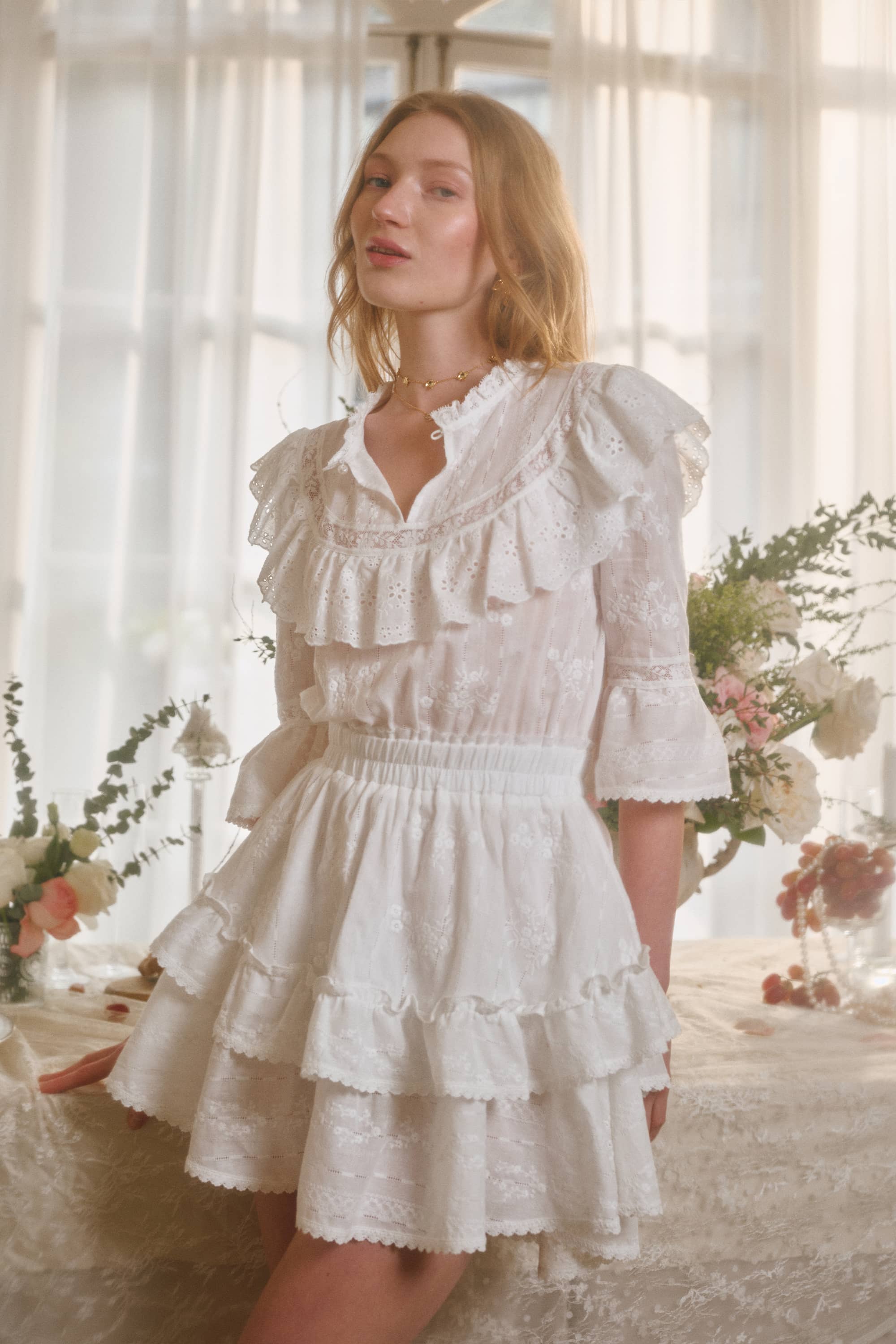 Millie Embroidered Cotton Mini Dress in White