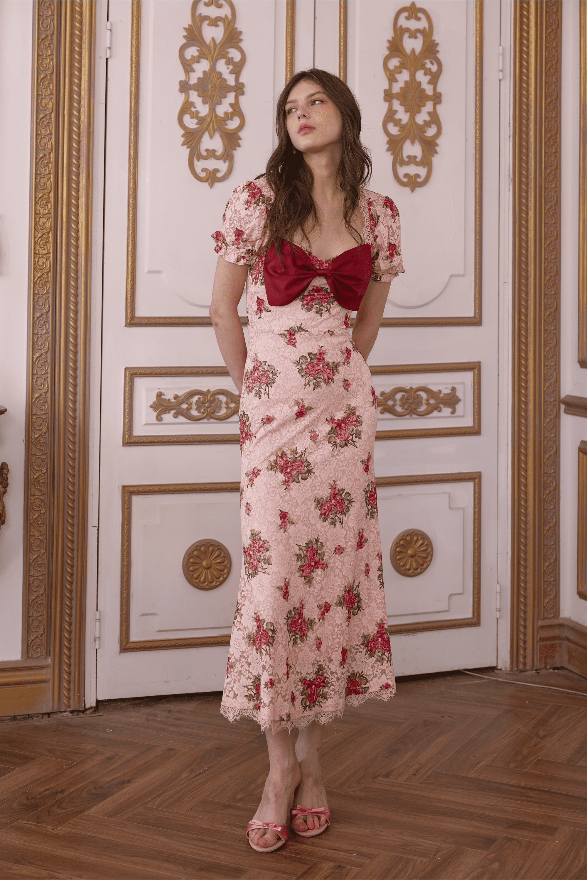 Rose Lace Floral Midi Dress in Pink