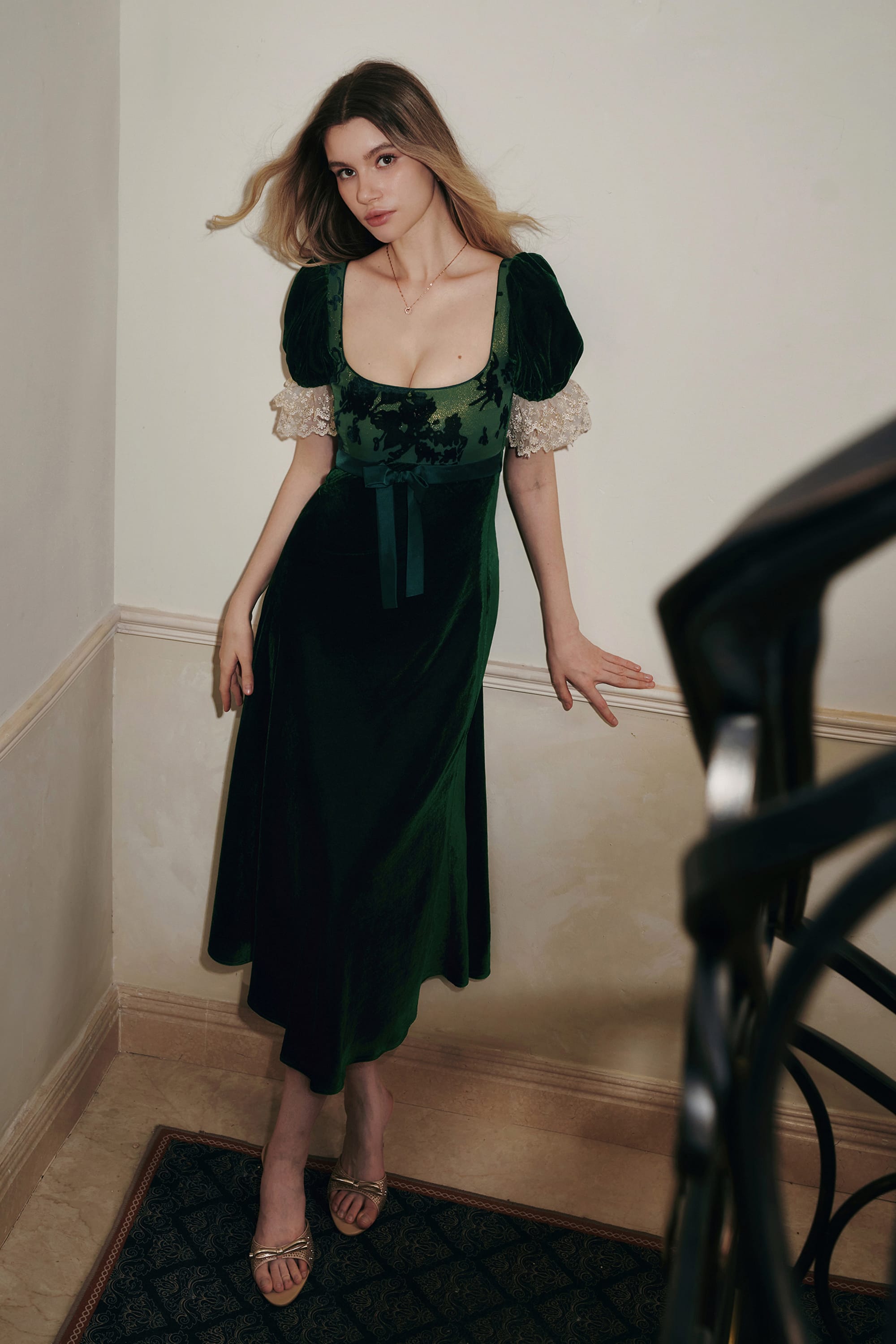 Adele Burnout Velvet Maxi Dress in Emerald Green