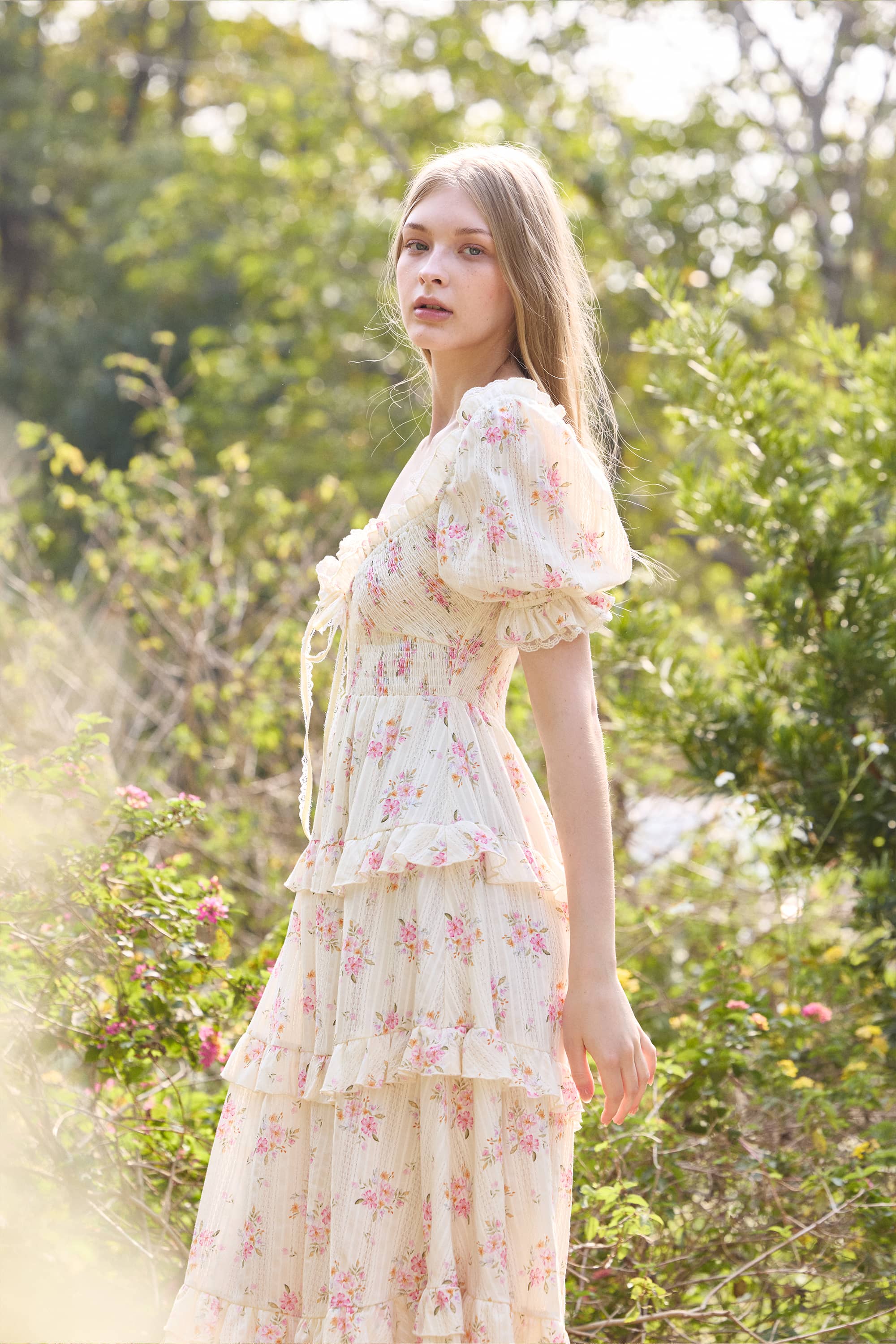 Anabel Floral Cotton Maxi Dress in Beige