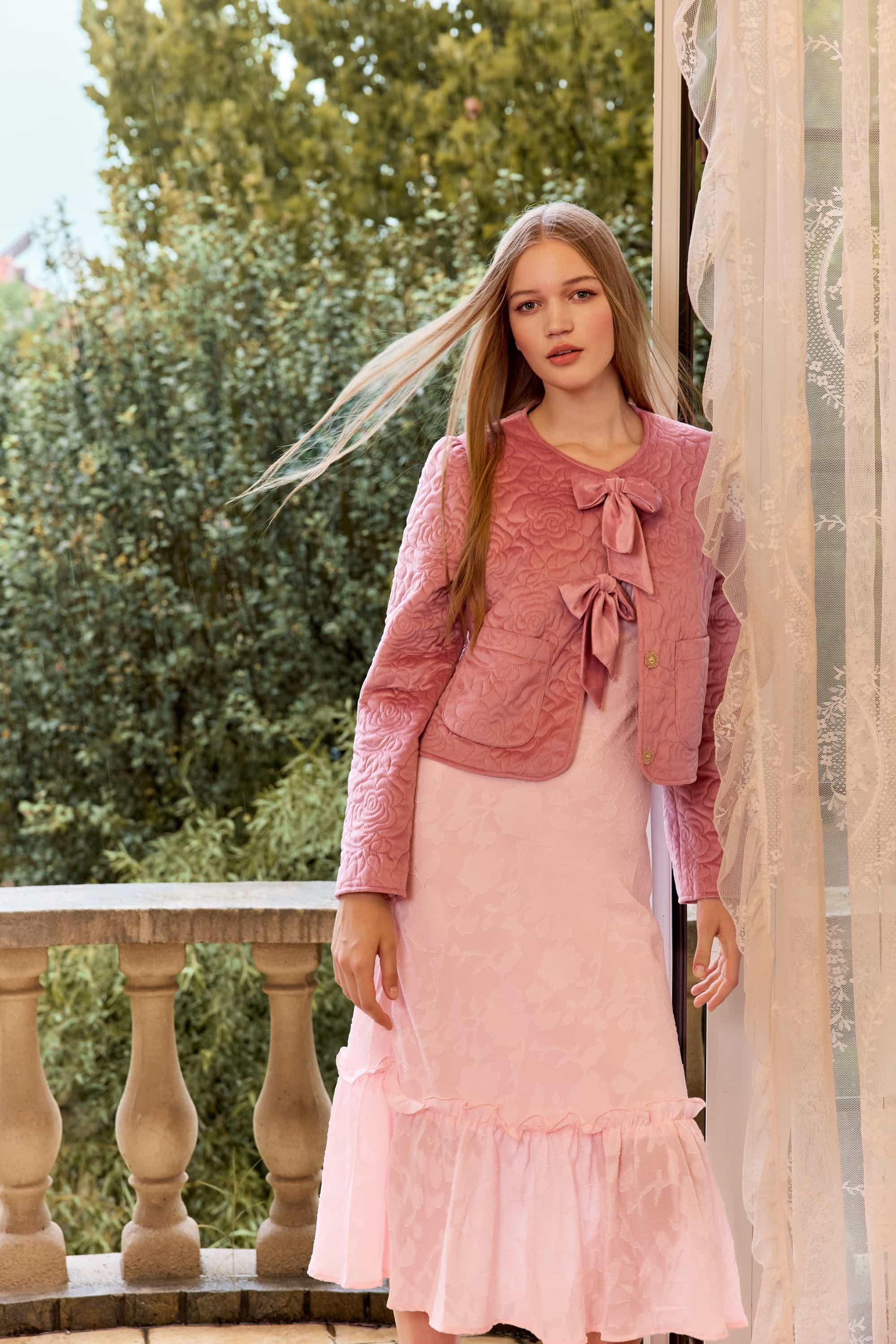 Laura Pink Rose Bow Quilted Jacket