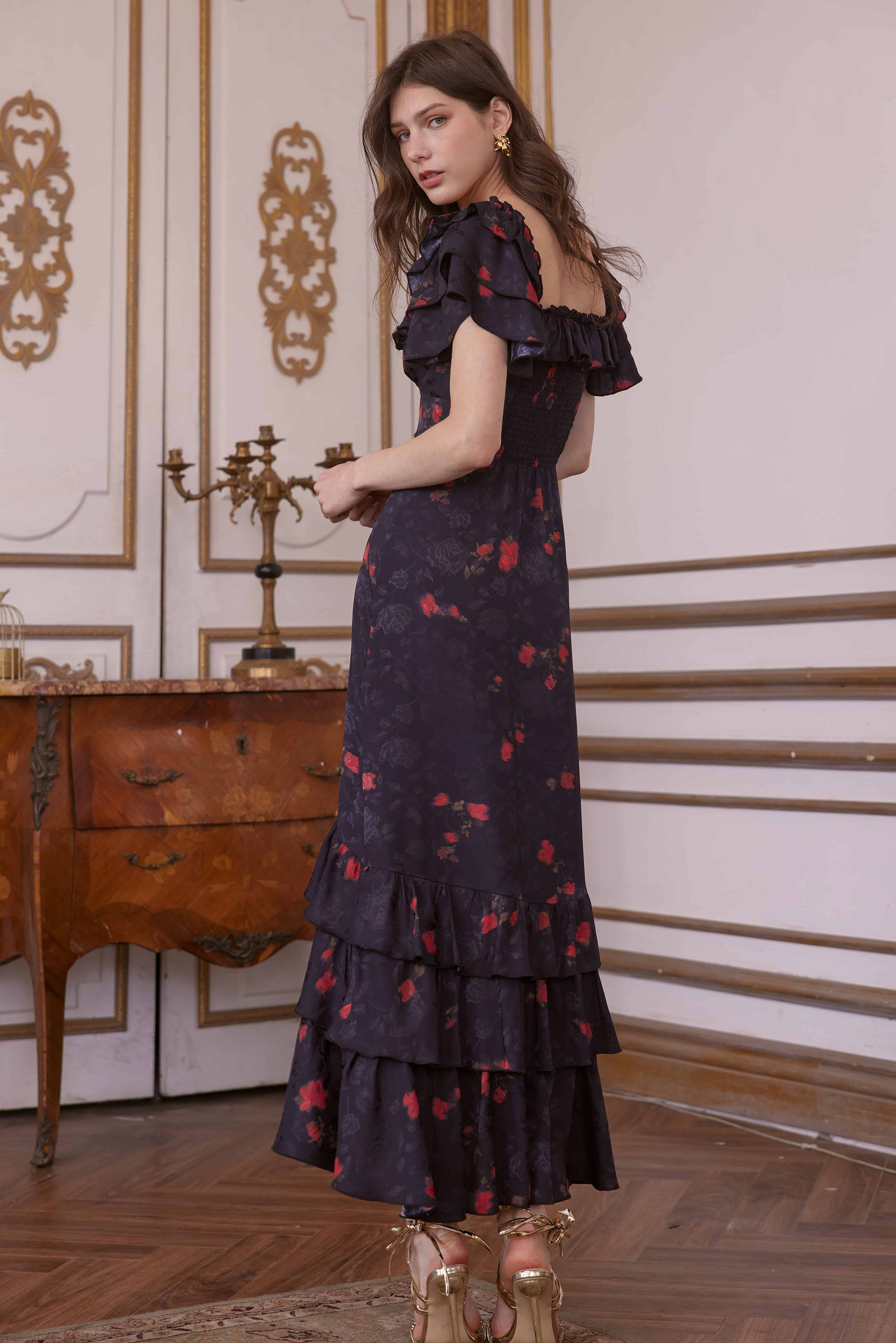 Charlene Jacquard Satin Maxi Dress in Black