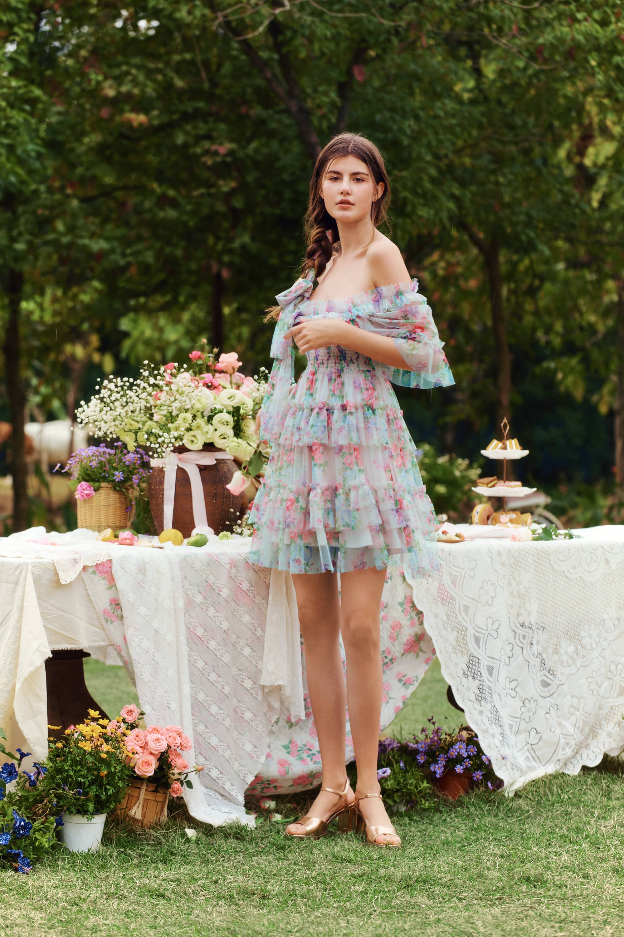 Beatrice Floral Tulle Mini Dress in Aqua Blue