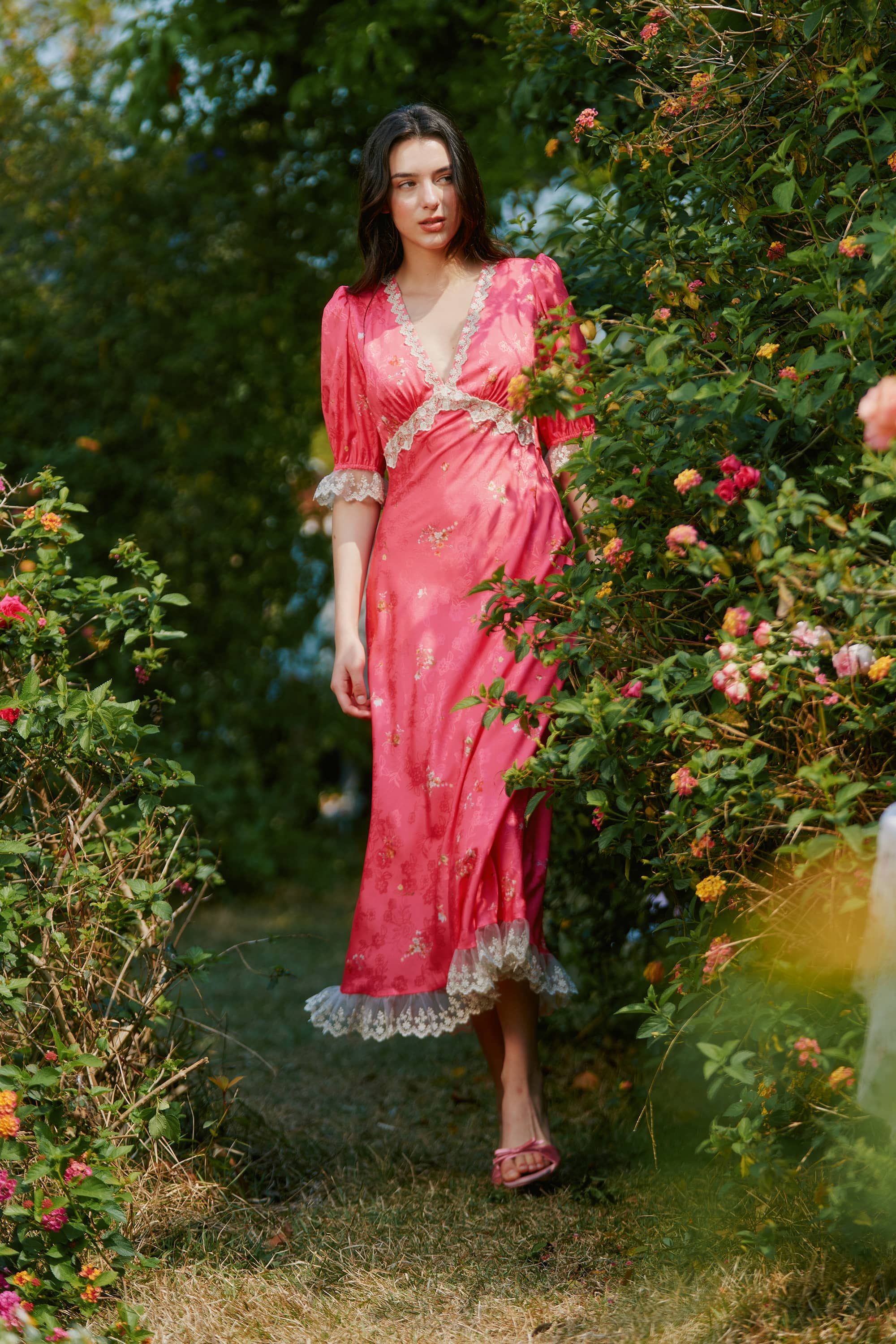Divia Jacquard Satin Midi Dress in Bittersweet Red