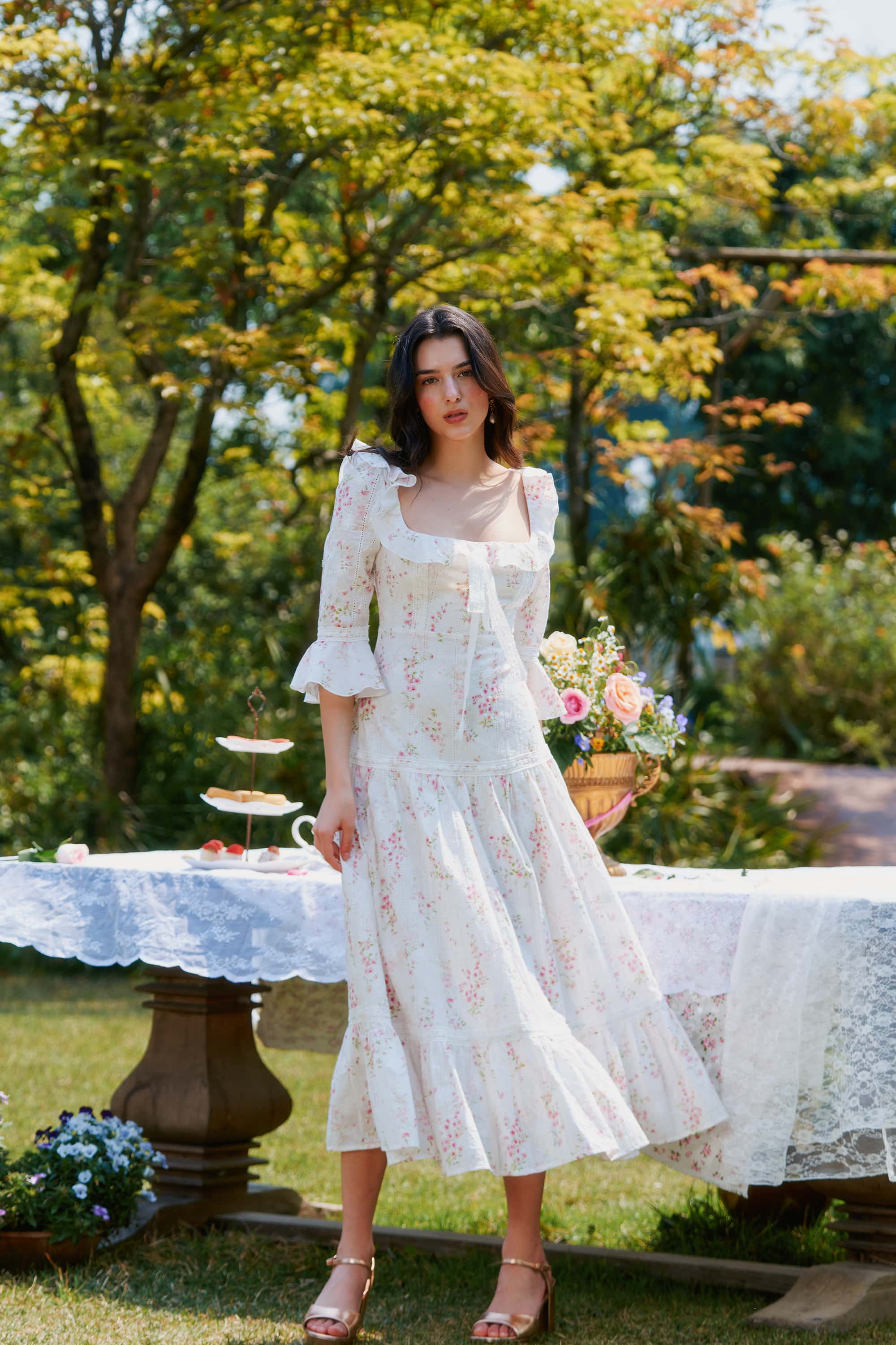 Hera Floral Cotton Midi Dress in White