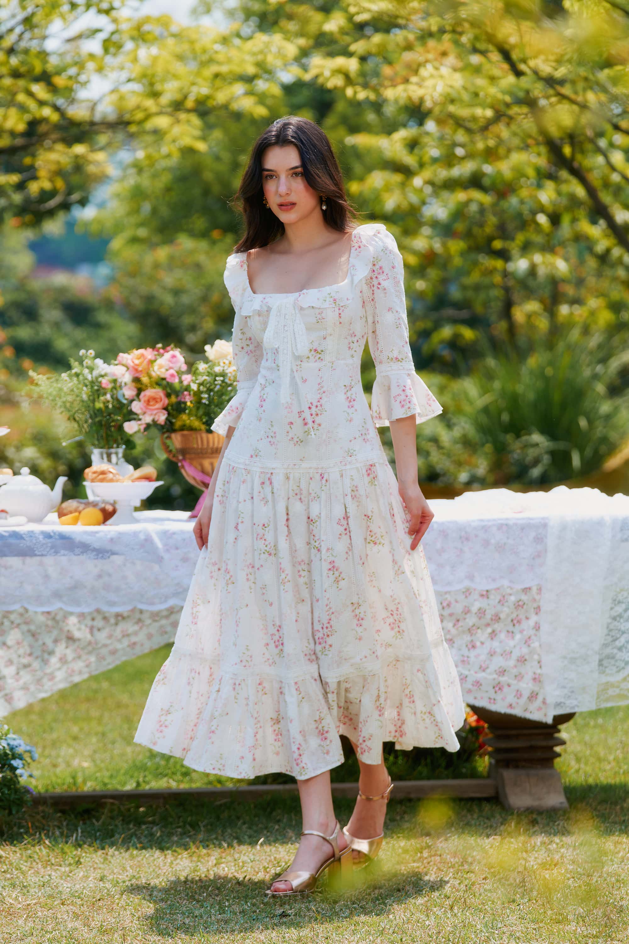Hera Floral Cotton Midi Dress in White