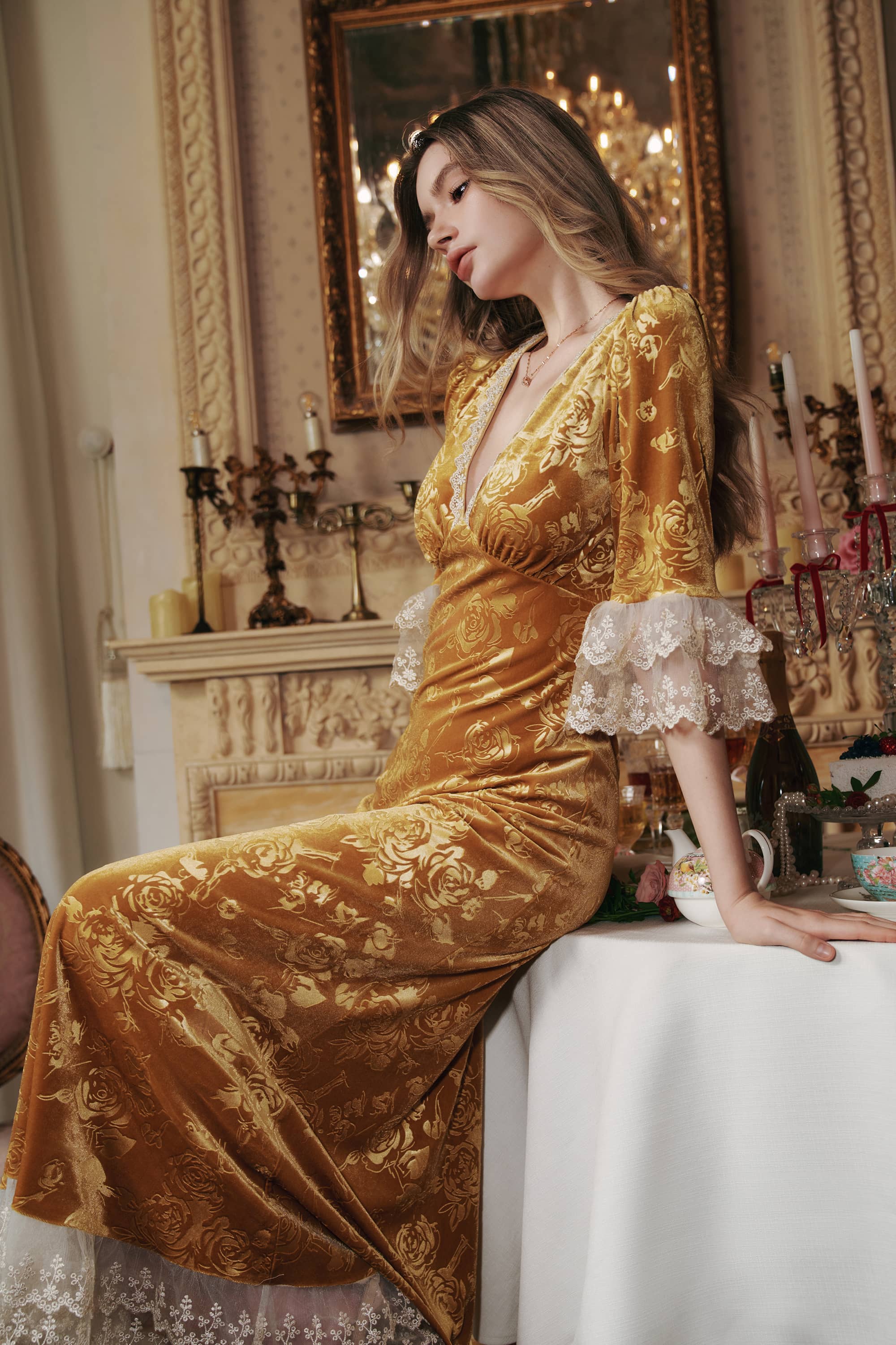 Gwyneth Embossed Velevt Maxi Dress in Gold