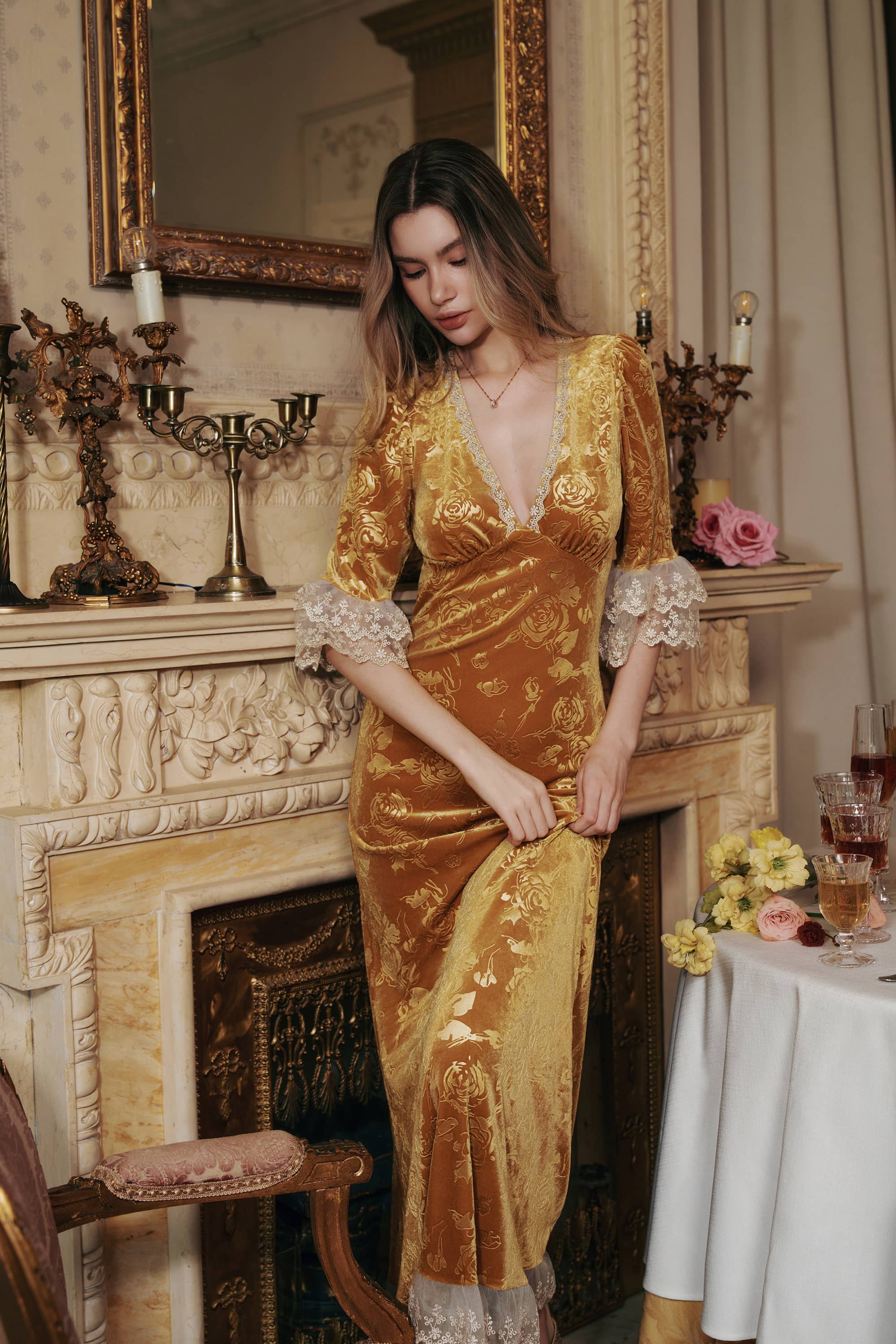 Gwyneth Embossed Velevt Maxi Dress in Gold