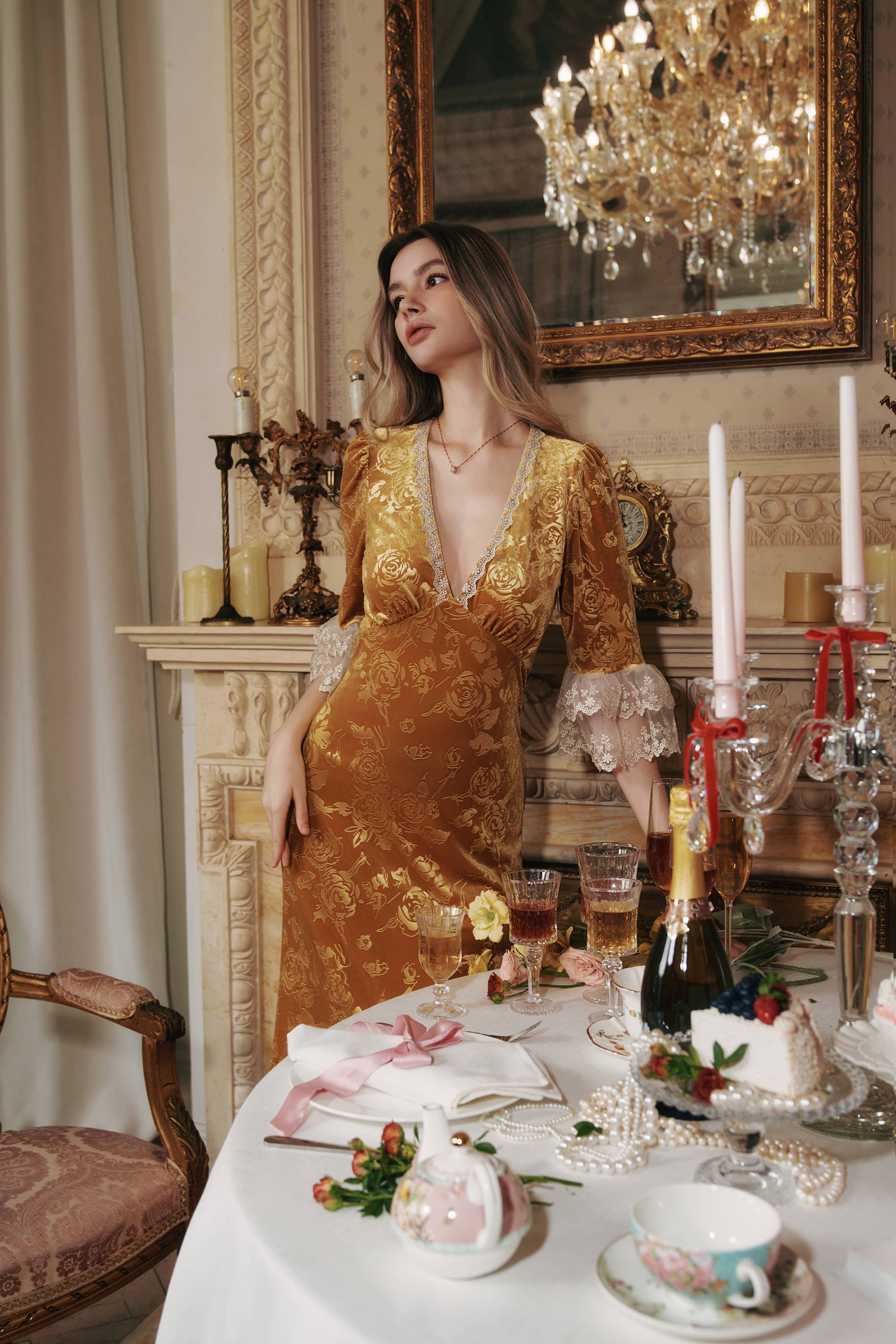 Gwyneth Embossed Velevt Maxi Dress in Gold