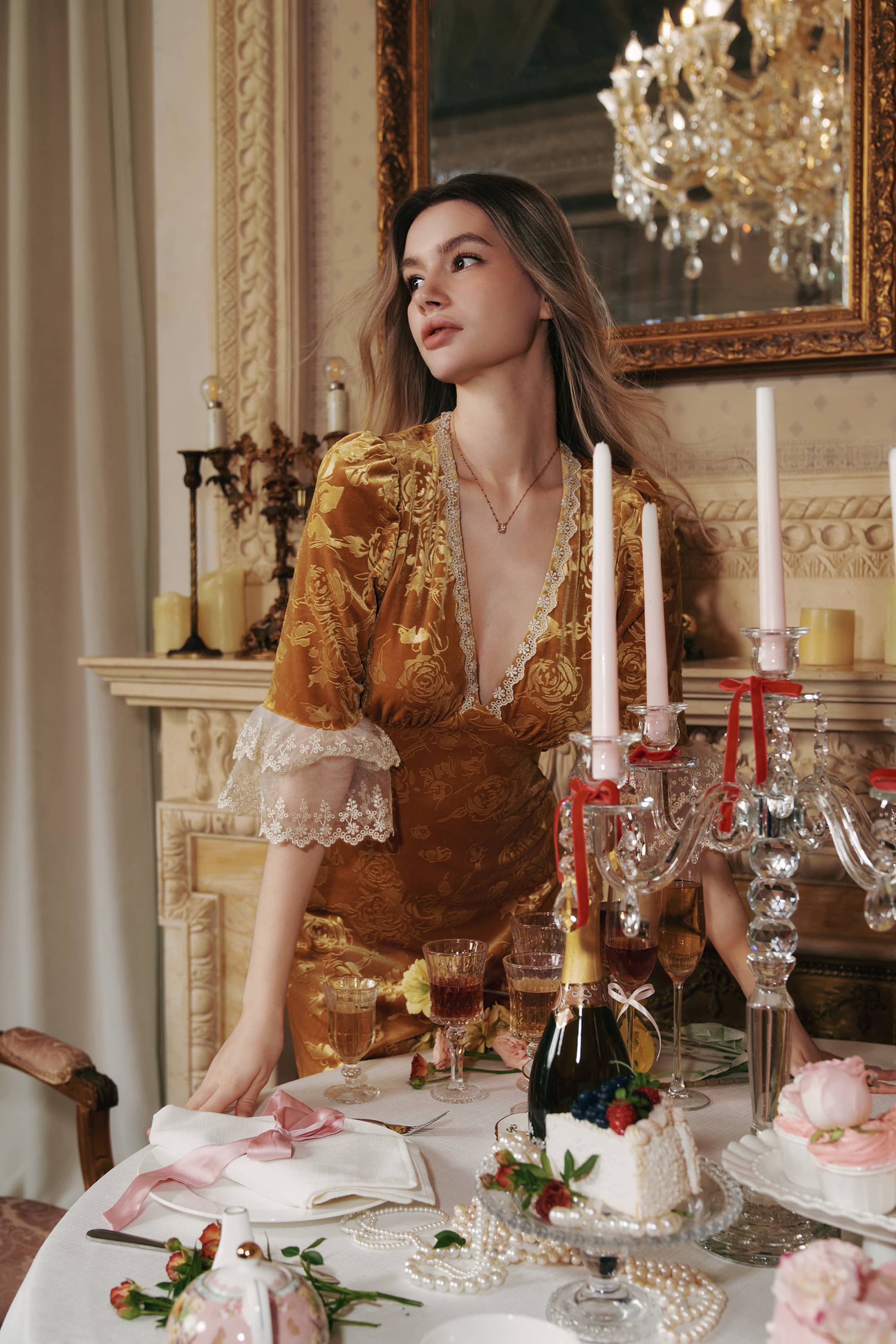 Gwyneth Embossed Velevt Maxi Dress in Gold