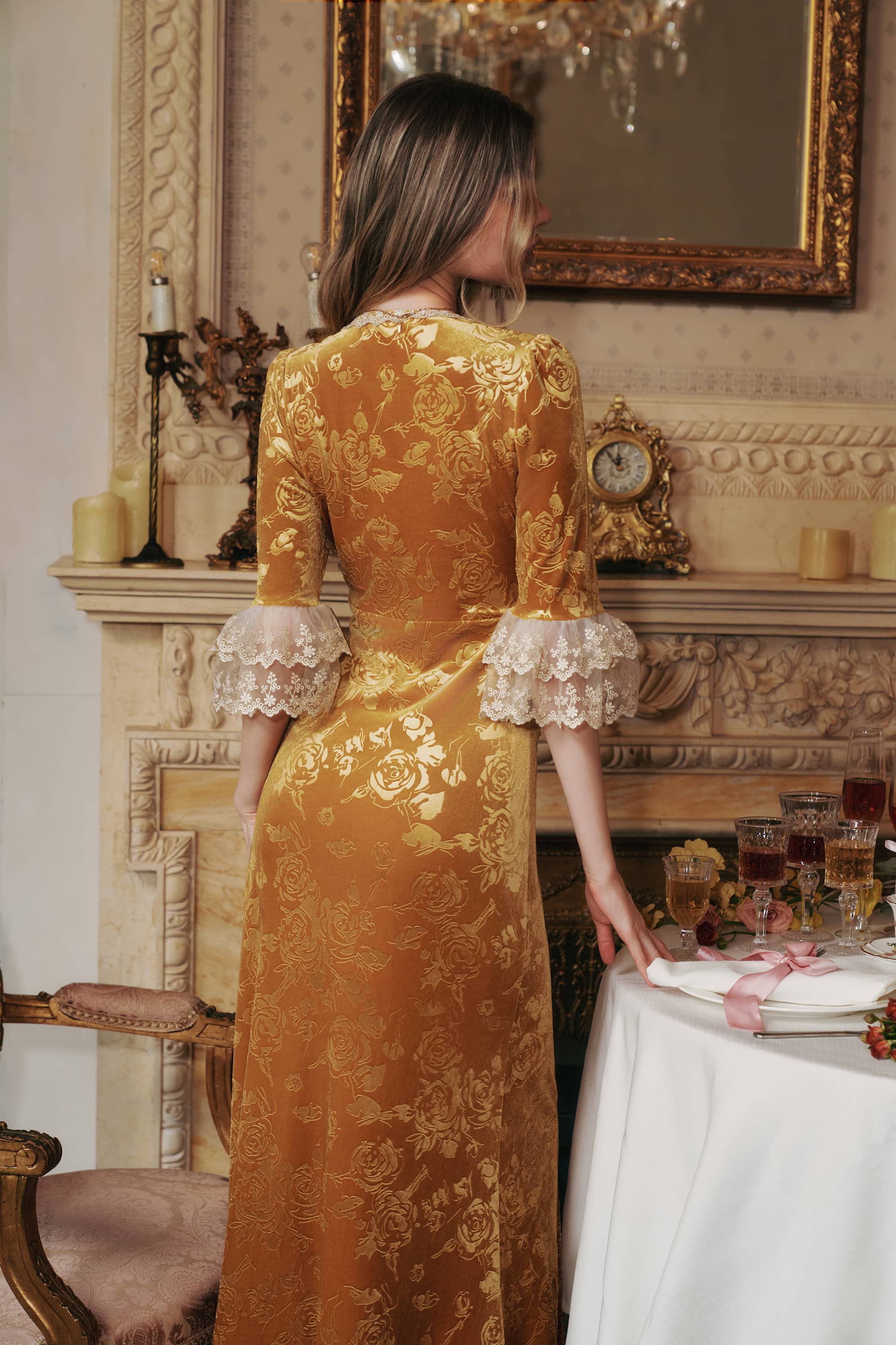 Gwyneth Embossed Velevt Maxi Dress in Gold