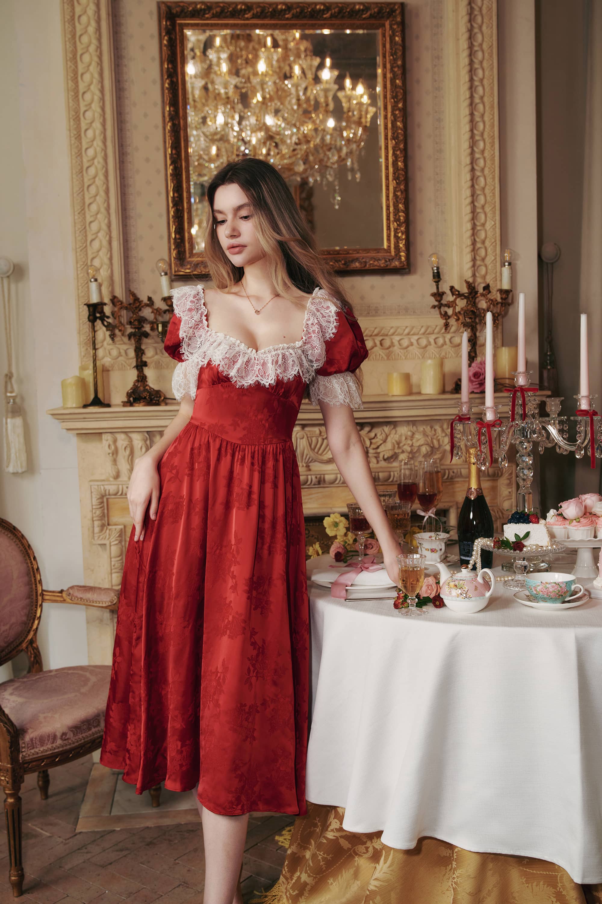 Elizabeth Jaquared Satin Midi Dress in Ruby Red