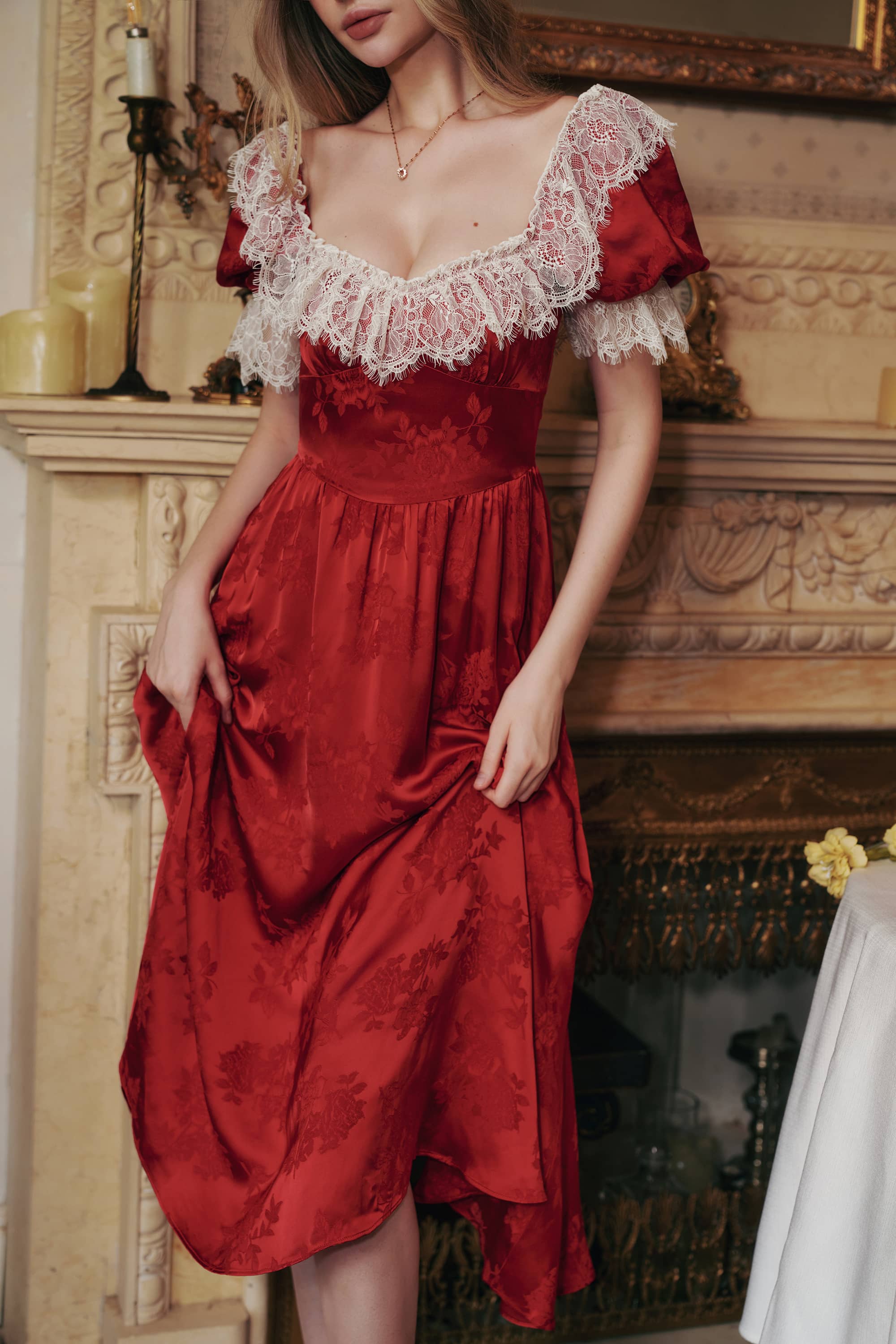 Elizabeth Jaquared Satin Midi Dress in Ruby Red