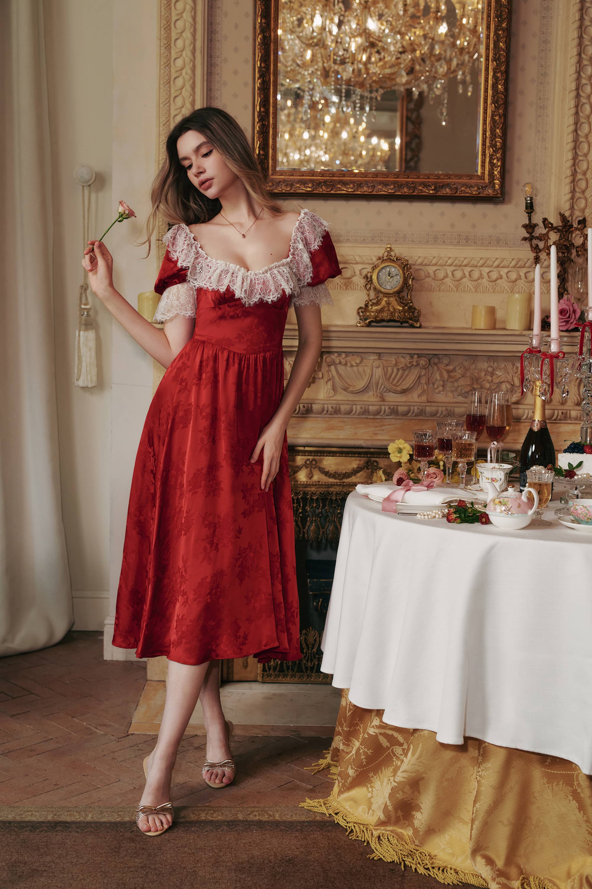 Elizabeth Jaquared Satin Midi Dress in Ruby Red