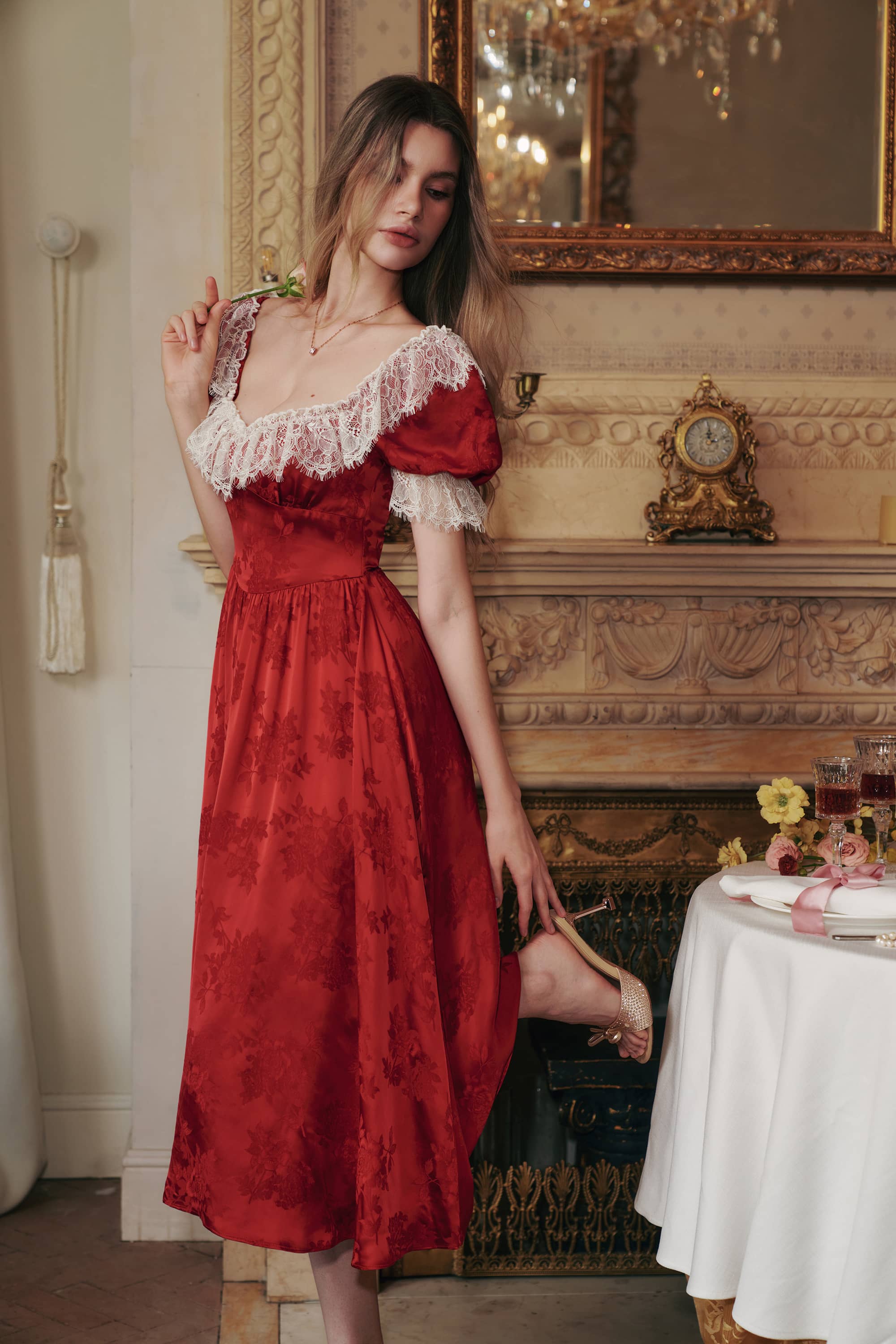 Elizabeth Jaquared Satin Midi Dress in Ruby Red