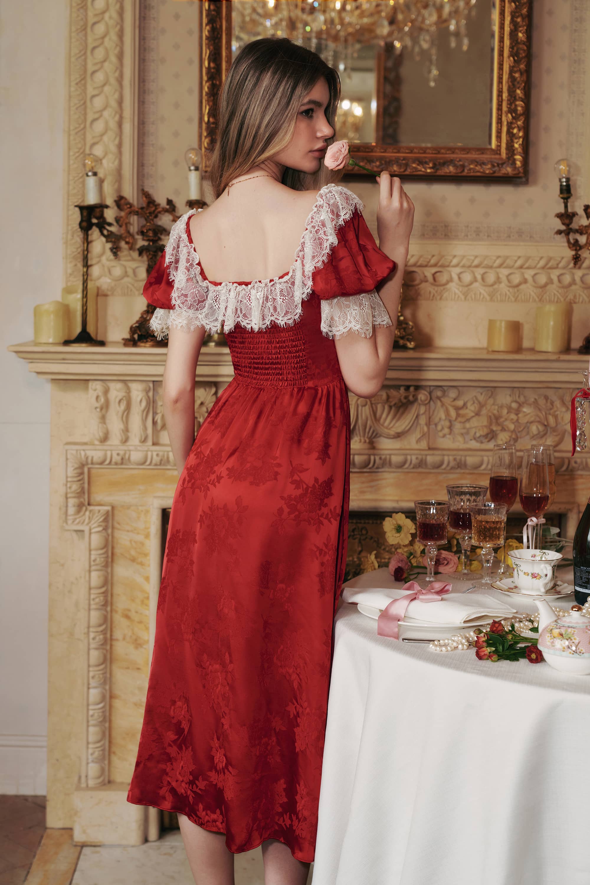 Elizabeth Jaquared Satin Midi Dress in Ruby Red
