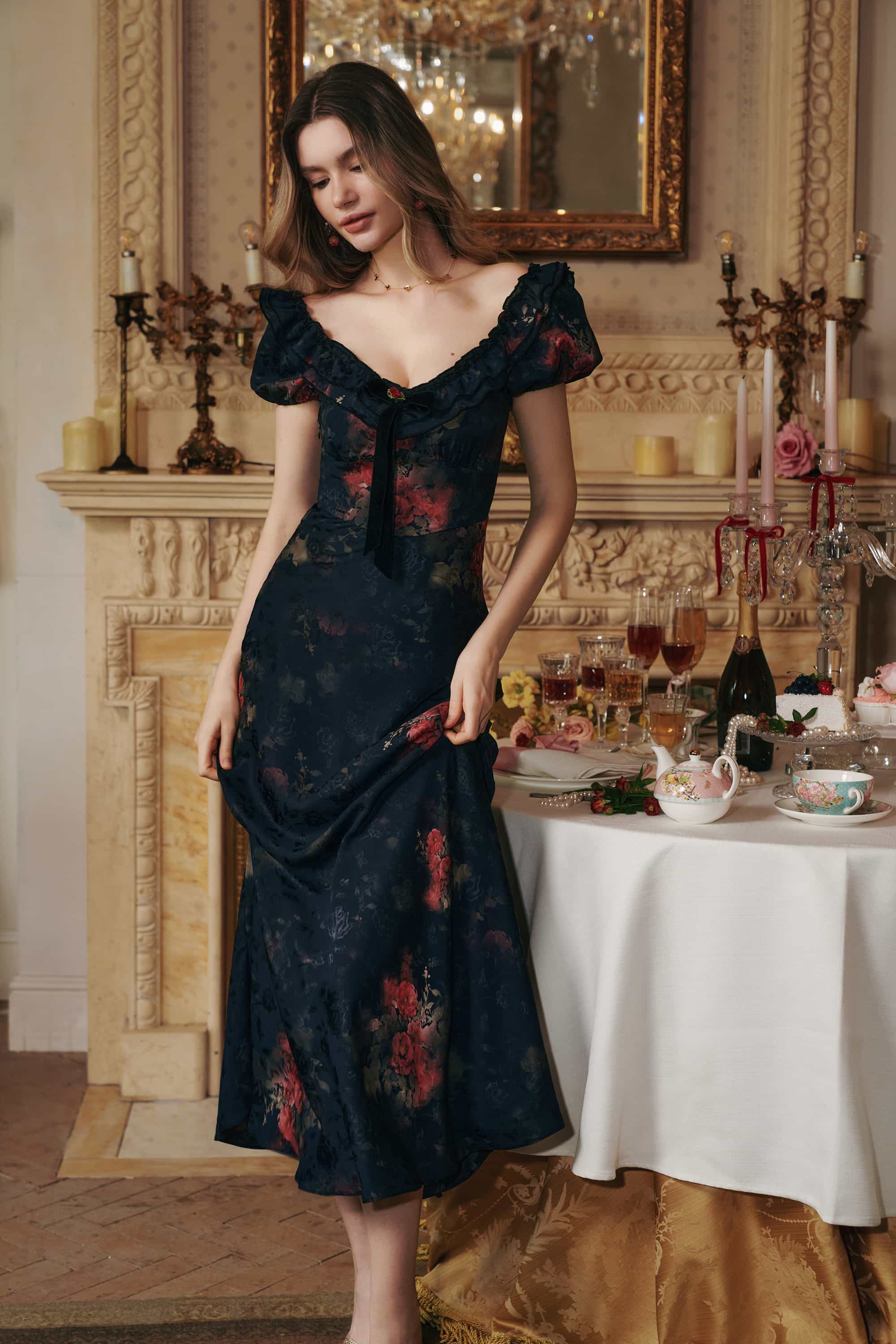 Catherine Jacquard Satin Maxi Dress in Black