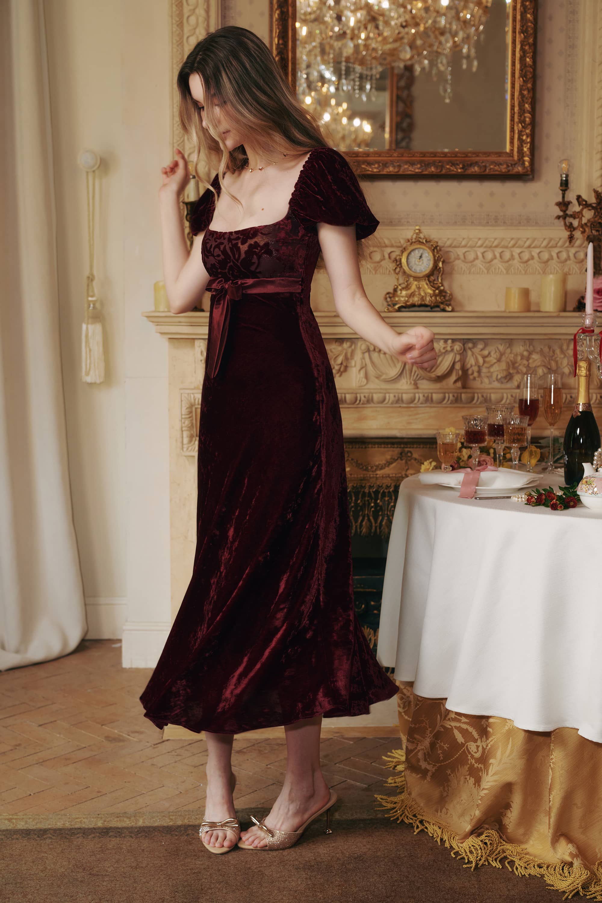 Margot Burnout Velvet Maxi Dress in Bordeaux Red