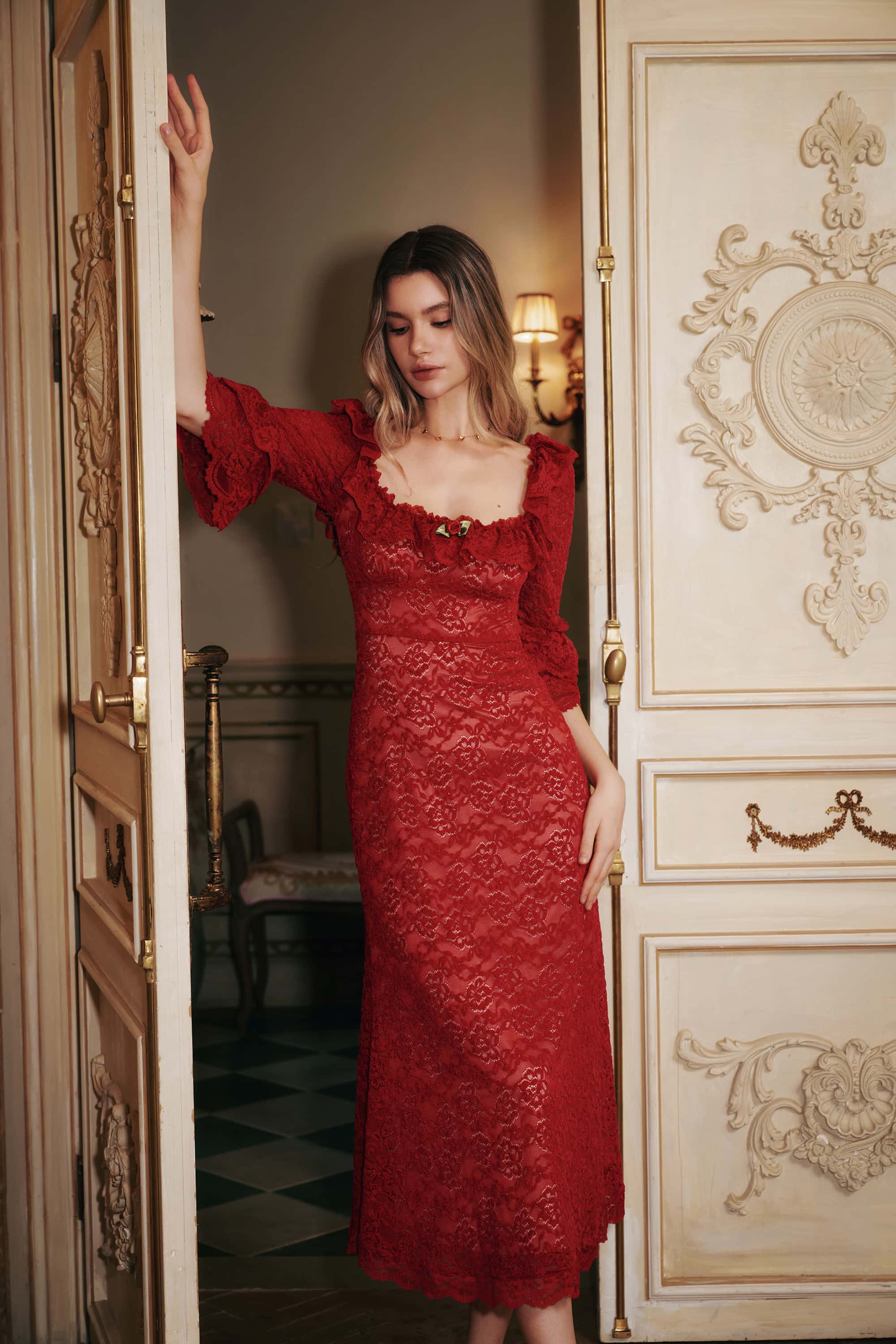 Scarlett Chenille Lace Midi Dress in Ruby Red