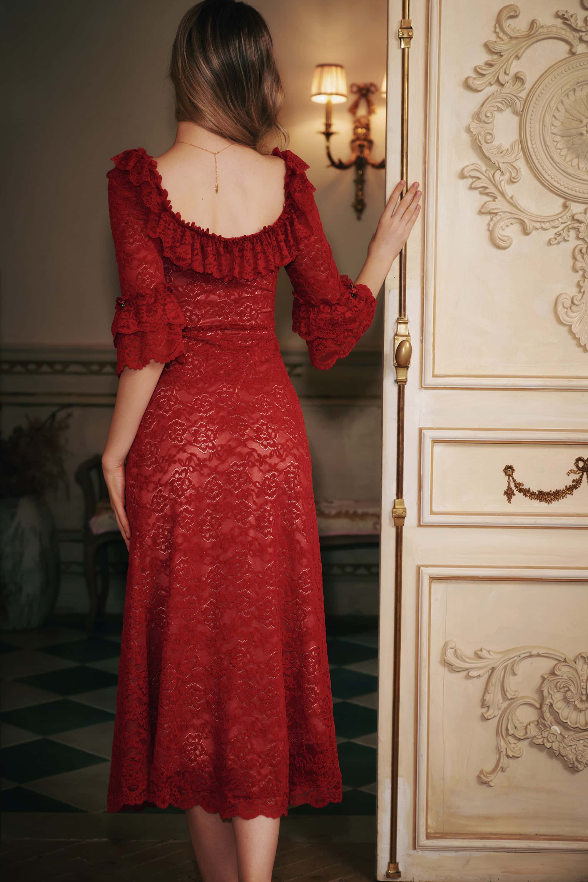 Scarlett Chenille Lace Midi Dress in Ruby Red
