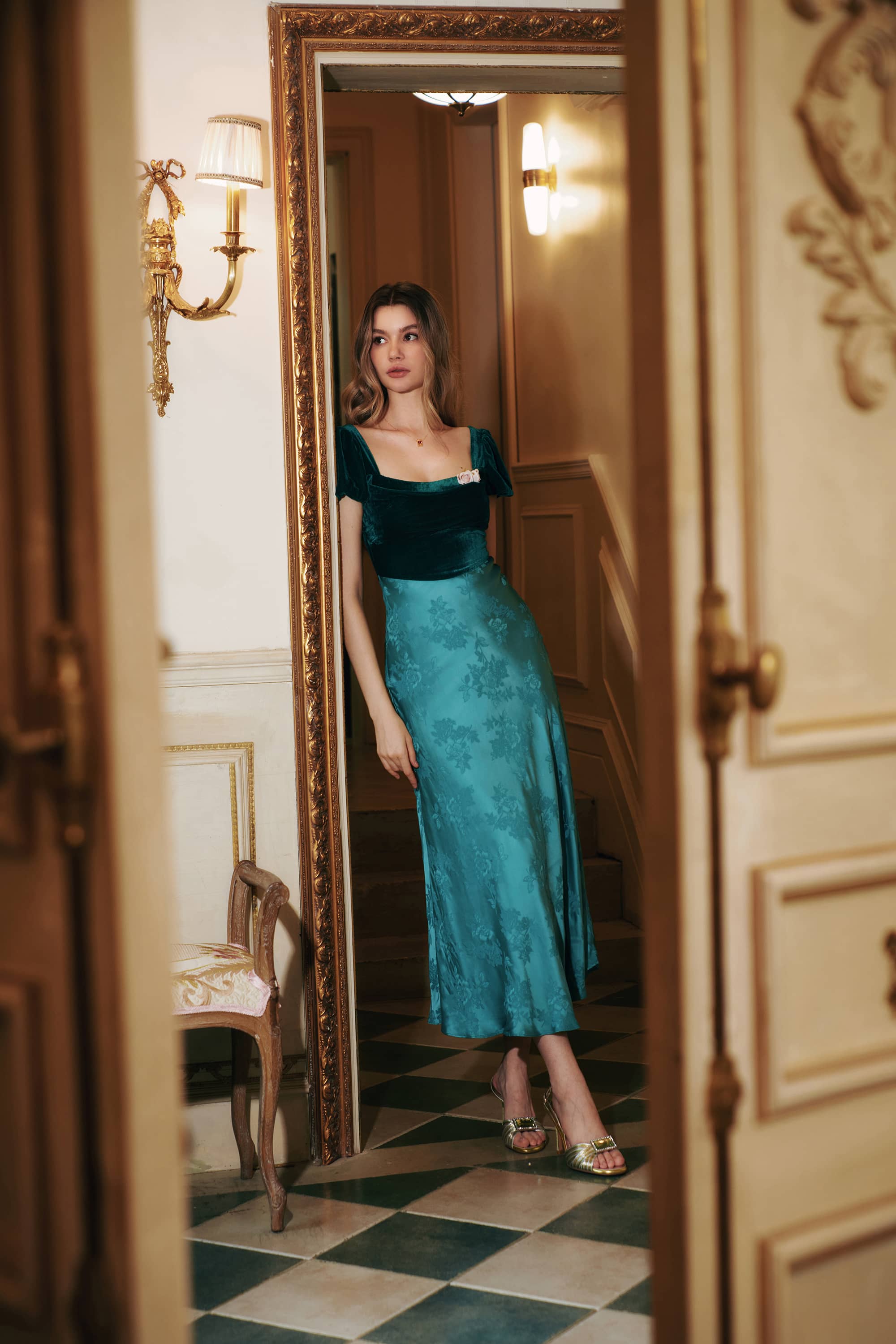 Laurel Velvet and Jacquard Satin Patchwork Maxi Dress in Jade Green