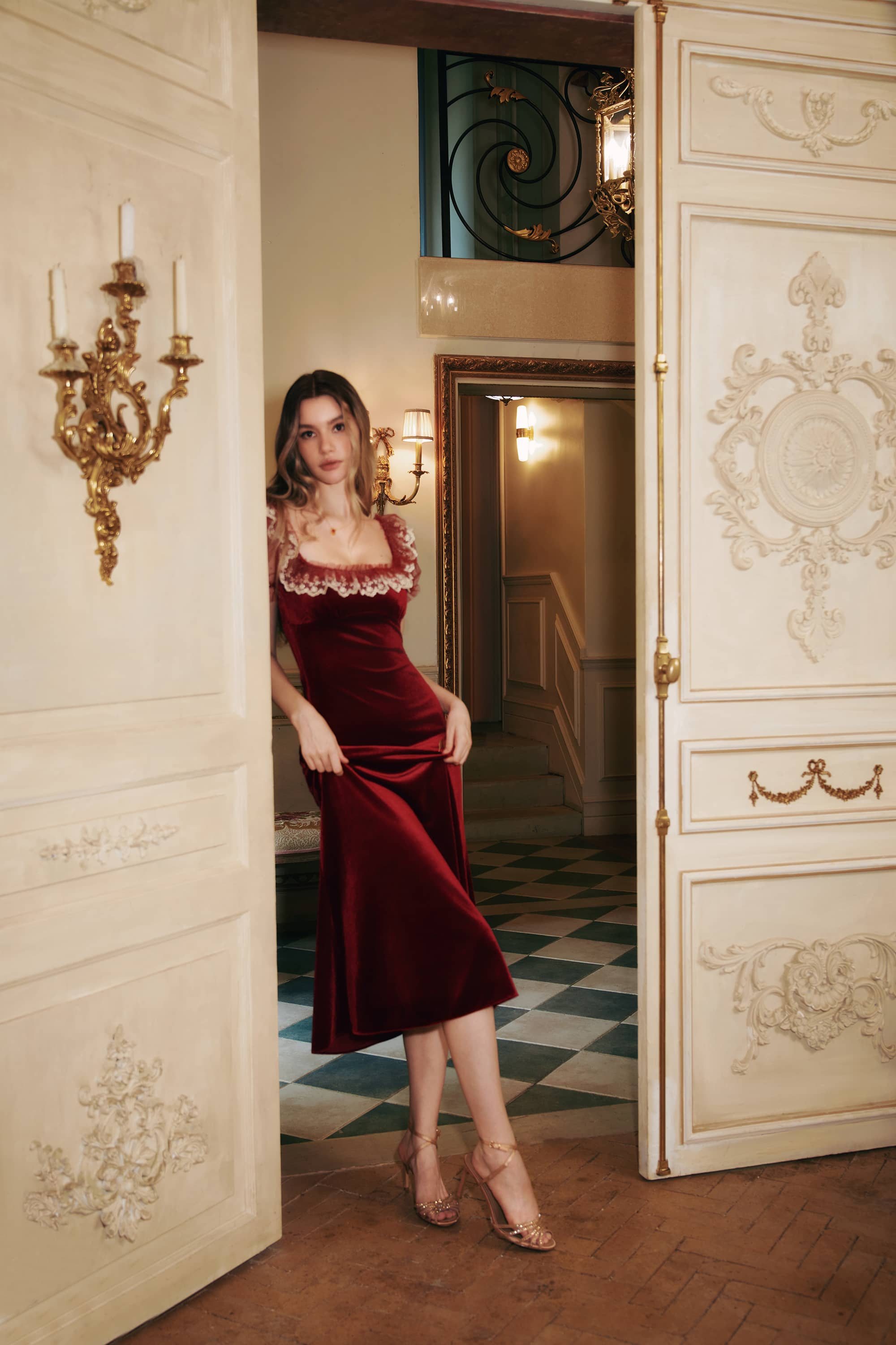 Amelia Knit Velvet Midi Dress in Ruby Red