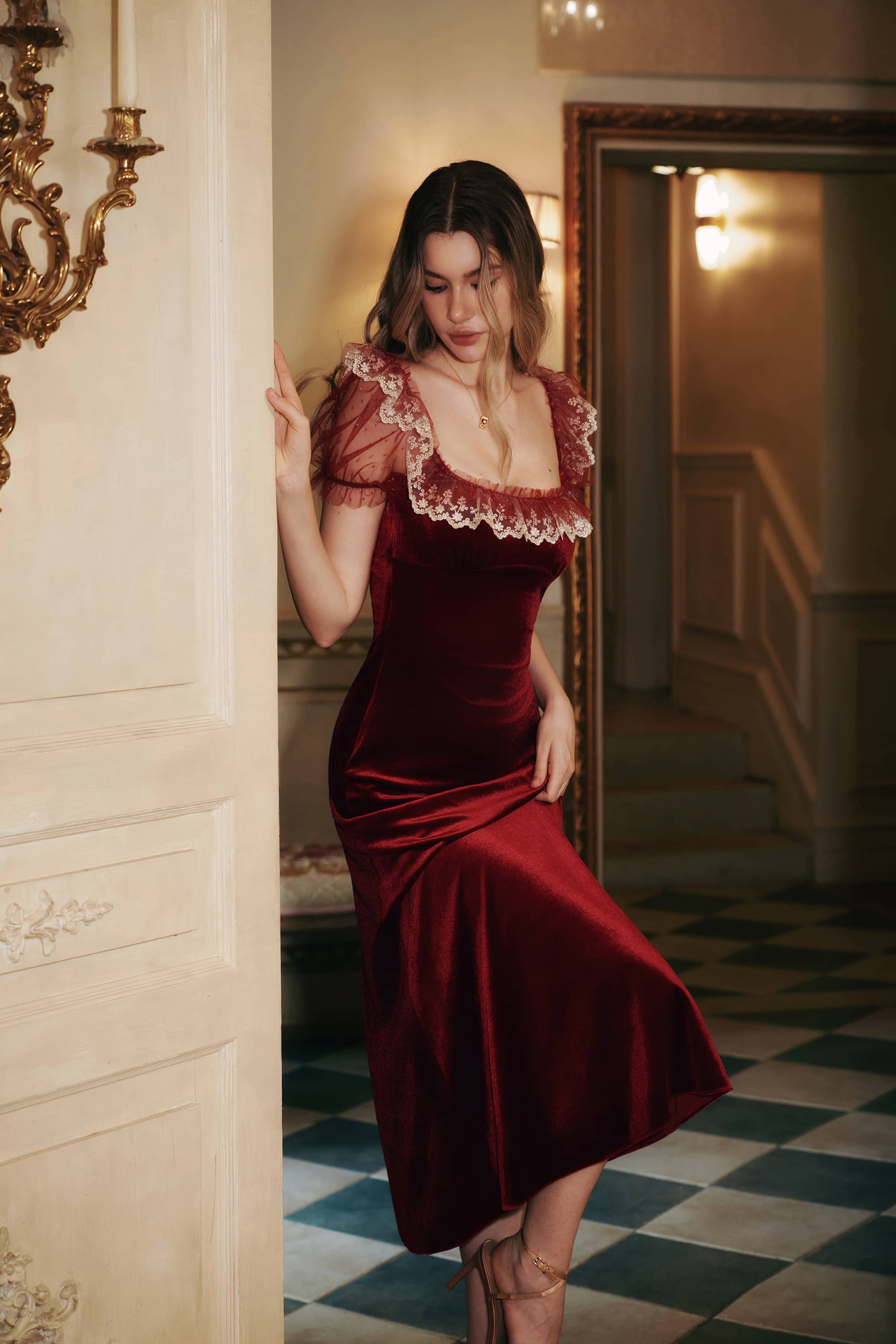 Amelia Knit Velvet Midi Dress in Ruby Red
