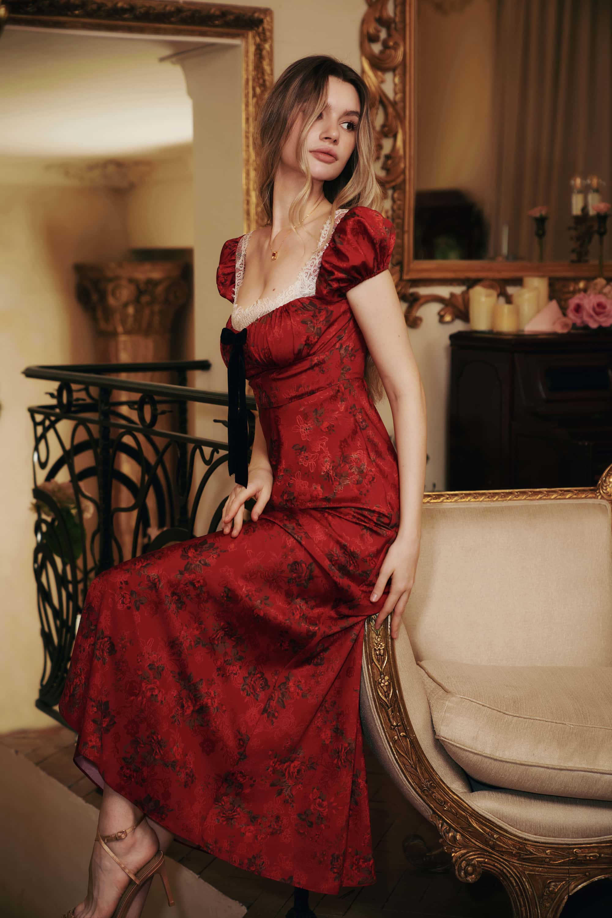 Caroline Jacquard Satin Maxi Dress in Rose Red