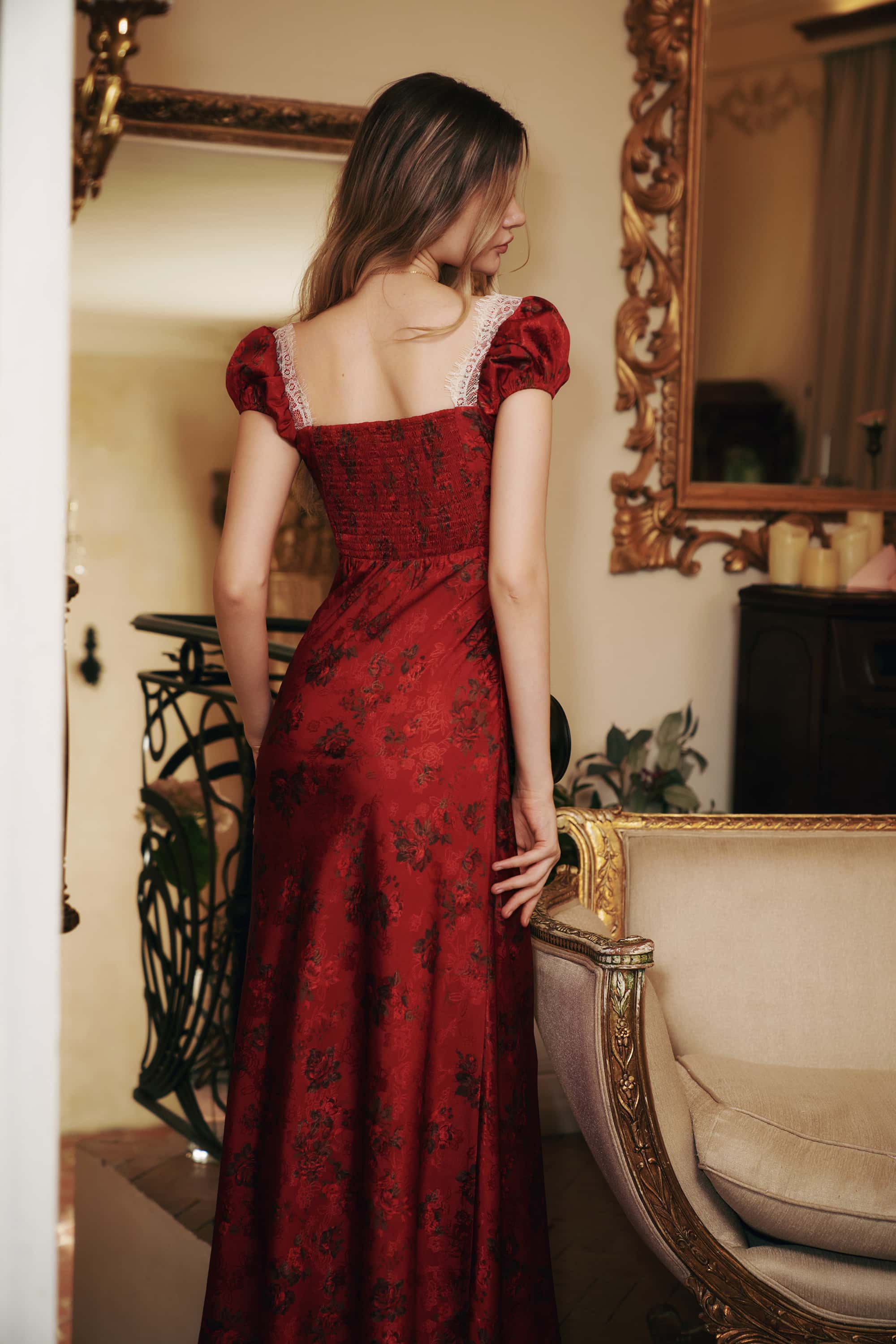 Caroline Jacquard Satin Maxi Dress in Rose Red