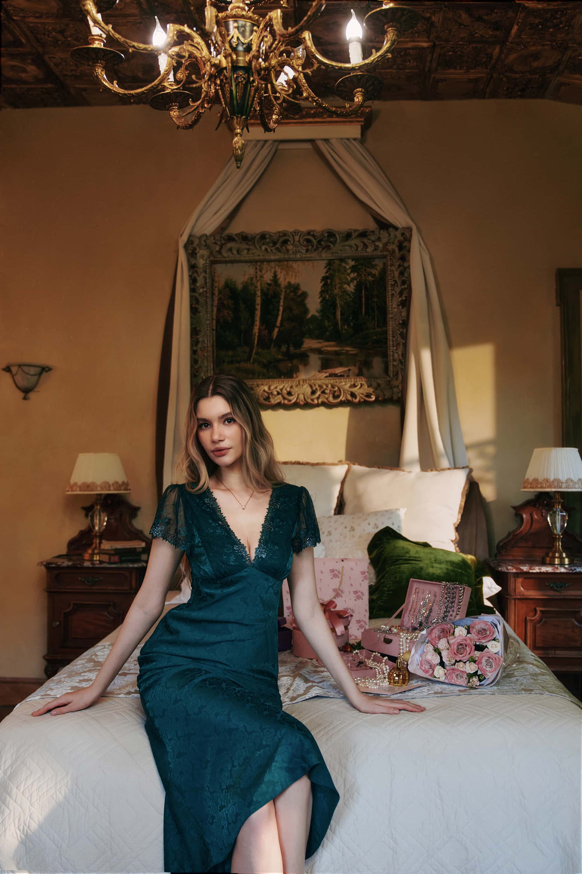 Eleanor Jacquard Satin Midi Dress in Emerald Green